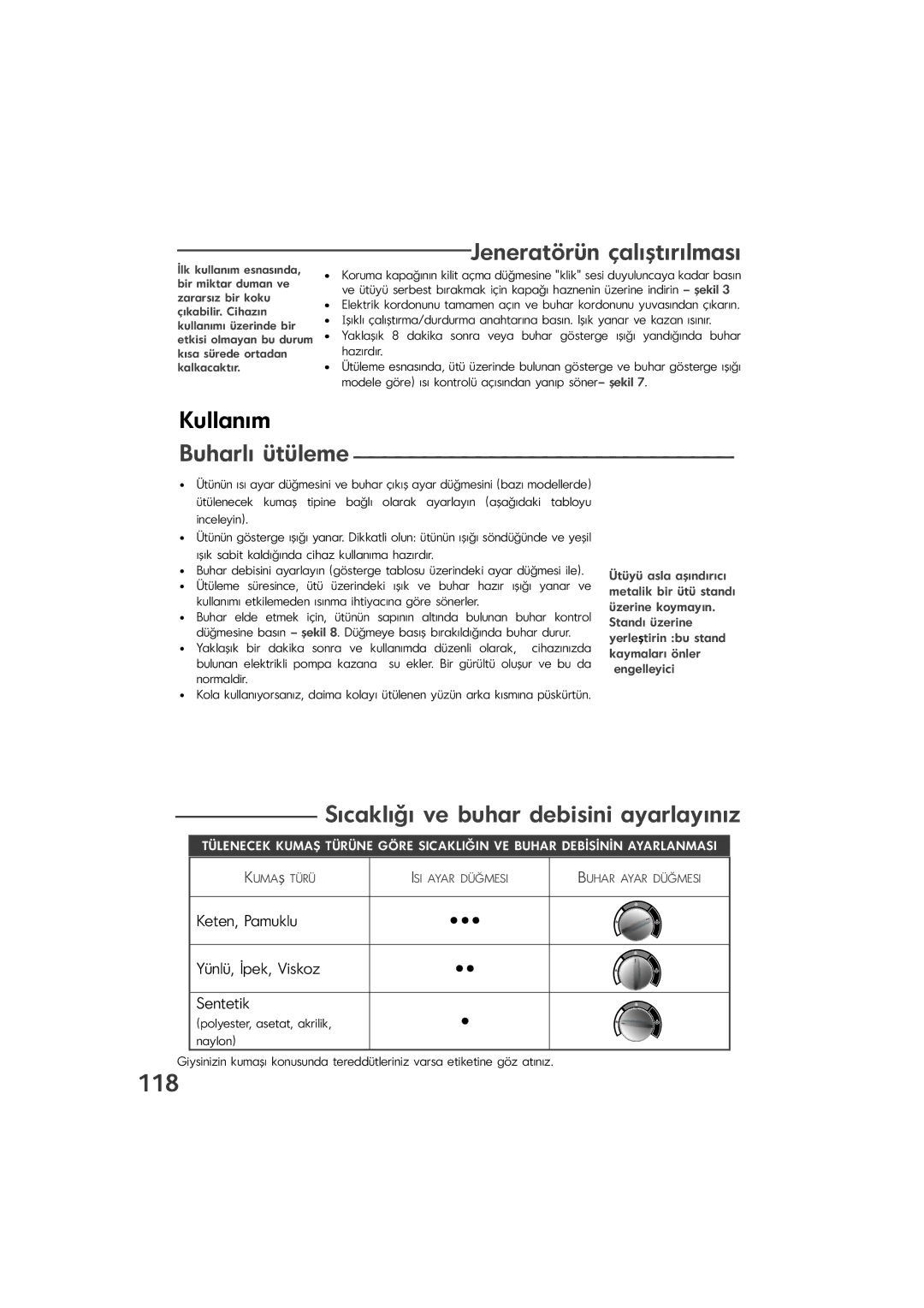 Tefal GV9460E0, GV9460Z0, GV9460G0 manual 118, Jeneratörün çalıştırılması, Kullan, Buharlı ütüleme, Se buhar debisini ayarlay 