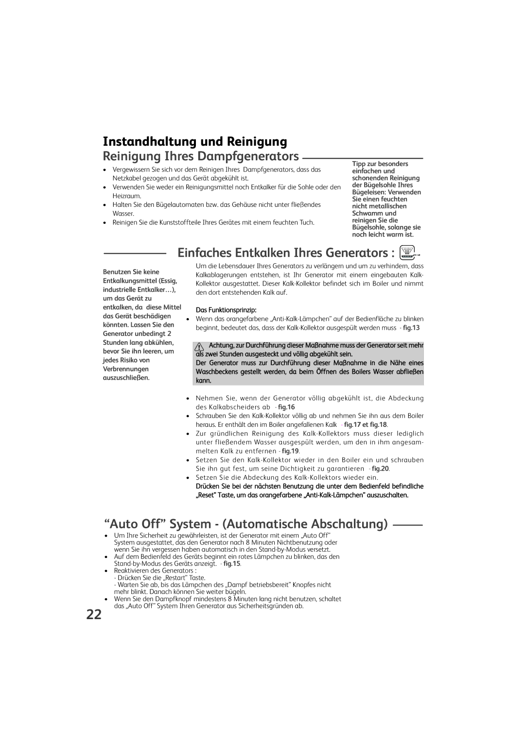 Tefal GV9460E0, GV9460Z0, GV9460G0, GV9460C0 Einfaches Entkalken Ihres Generators, Auto Off System Automatische Abschaltung 