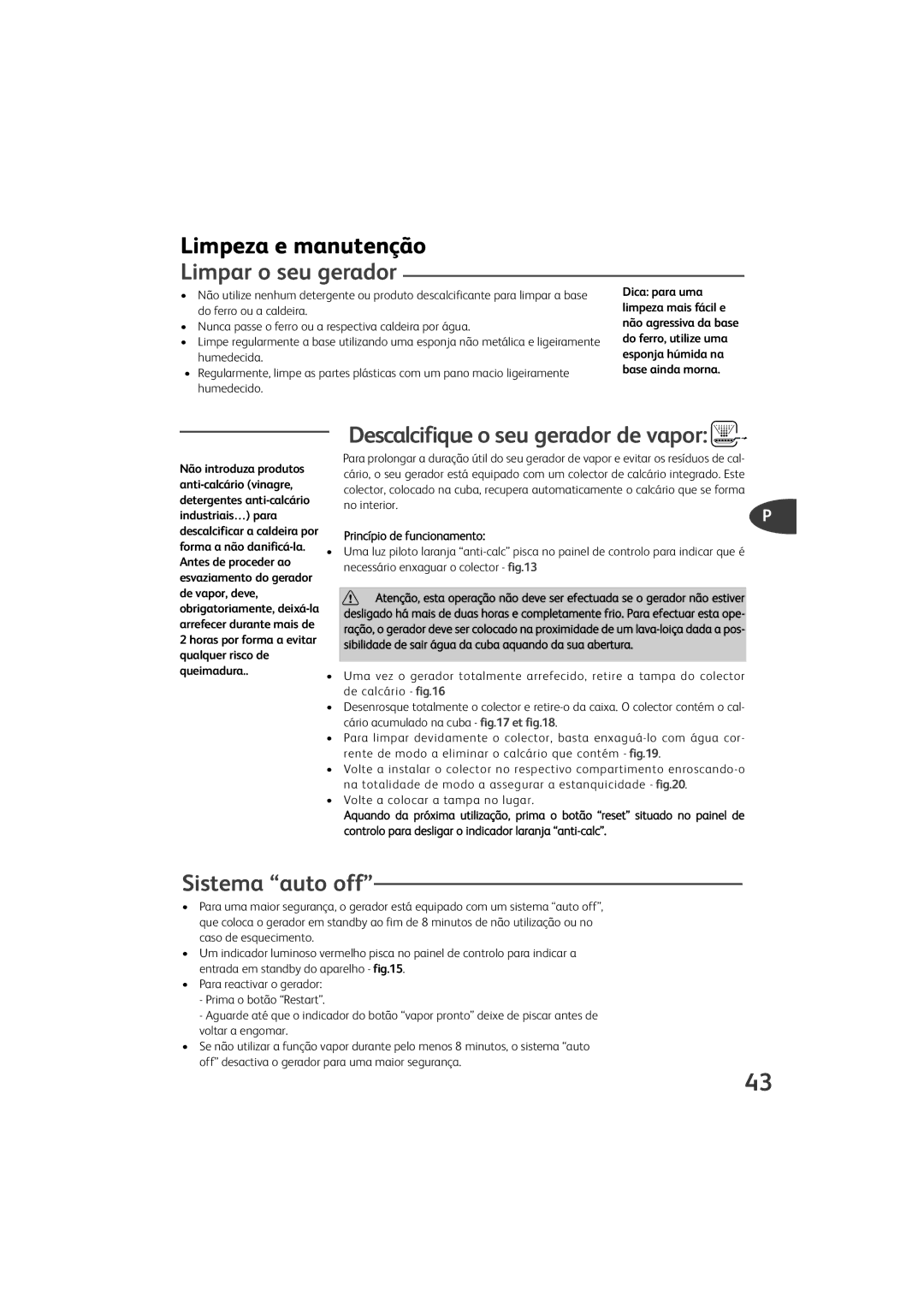 Tefal GV9460C0, GV9460Z0, GV9460G0, GV9460E0 manual Descalcifique o seu gerador de vapor 