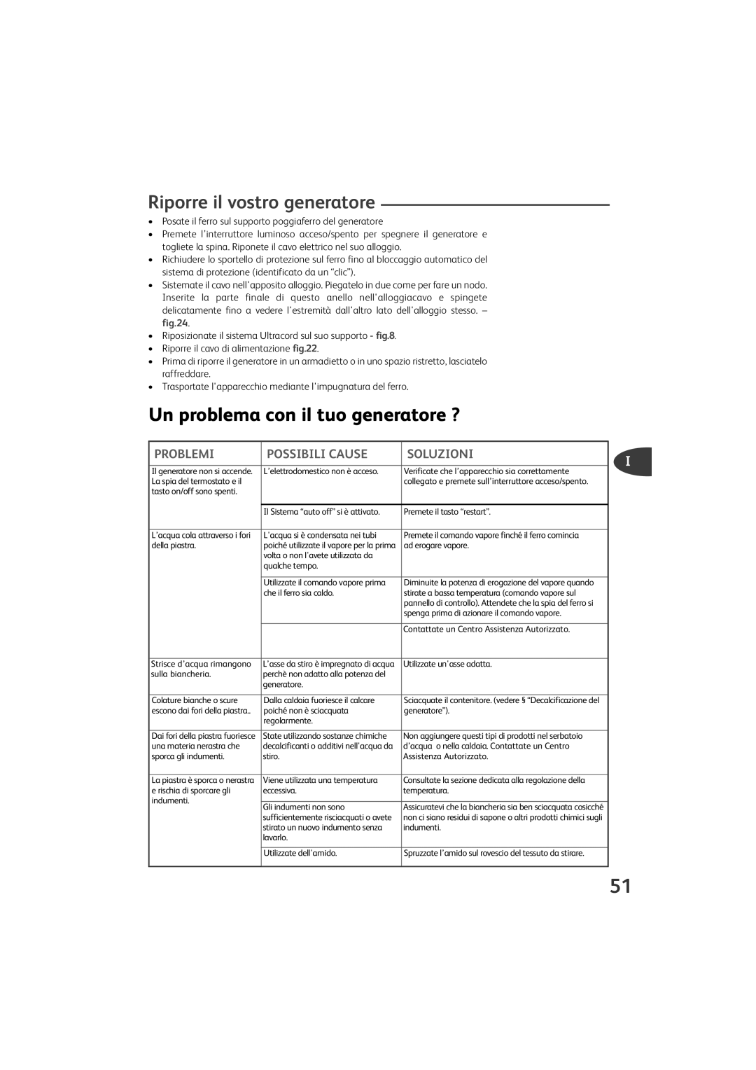 Tefal GV9460C0, GV9460Z0, GV9460G0, GV9460E0 manual Riporre il vostro generatore, Un problema con il tuo generatore ? 