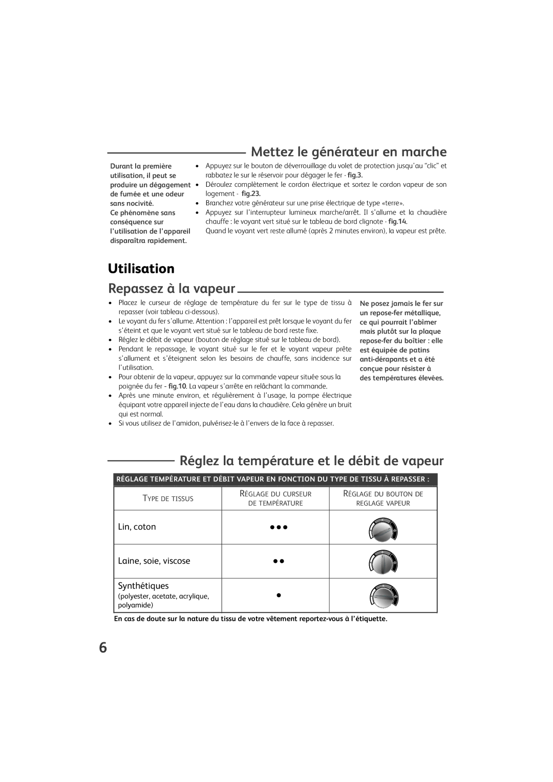 Tefal GV9460E0 Mettez le générateur en marche, Utilisation, Repassez à la vapeur, Polyester, acetate, acrylique Polyamide 