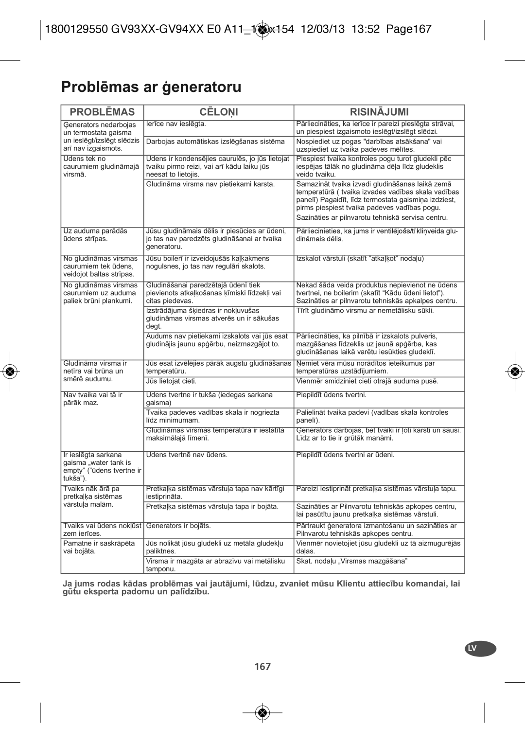 Tefal GV9461E0, GV9461C0, GV9461G0 manual Problēmas ar ģeneratoru 