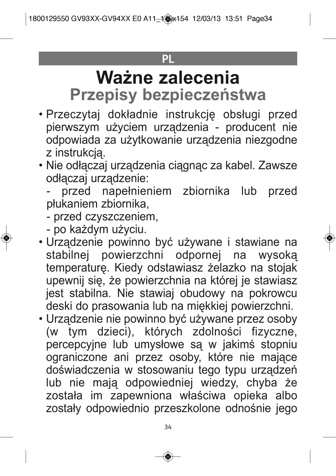 Tefal GV9461G0 manual Ważne zalecenia, Przepisy bezpieczeństwa, 1800129550 GV93XX-GV94XX E0 A11110x154 12/03/13 1351 Page34 