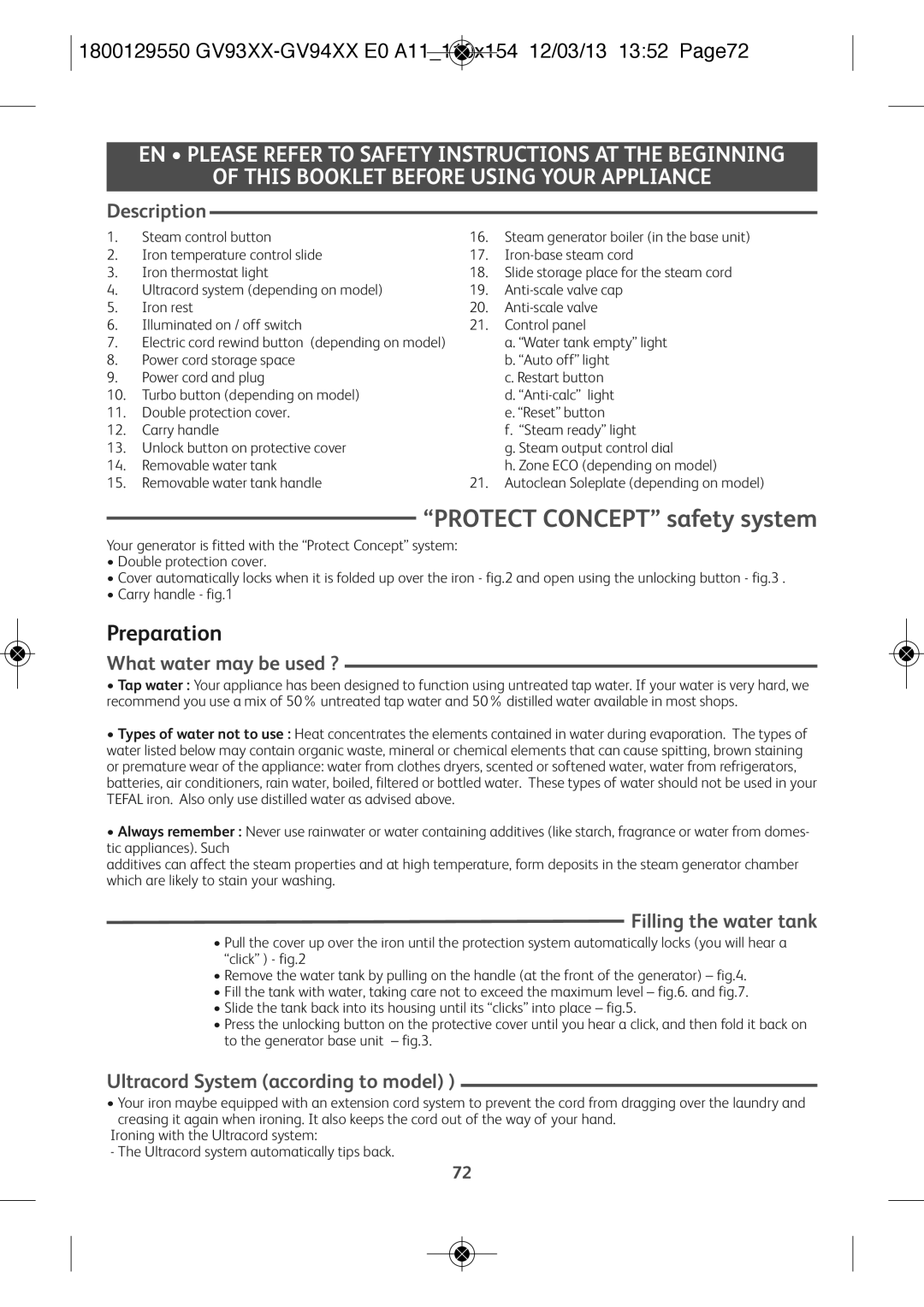 Tefal GV9461C0, GV9461G0, GV9461E0 manual Protect Concept safety system, Preparation 