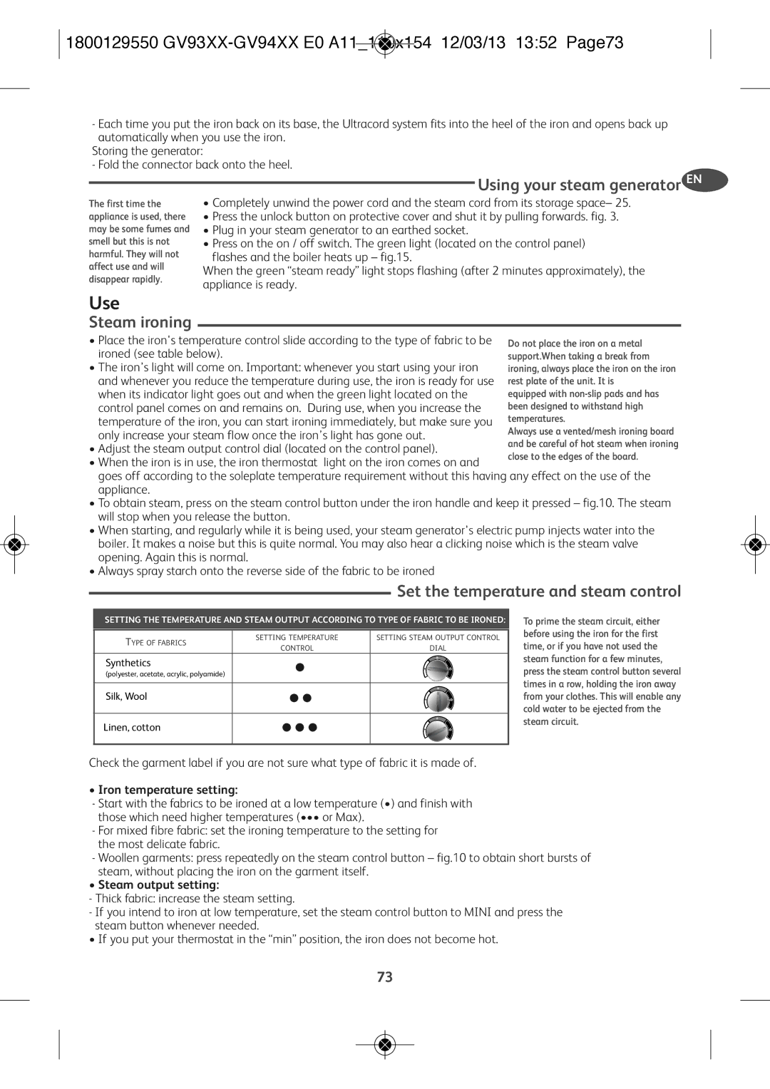 Tefal GV9461G0, GV9461C0, GV9461E0 manual Use, 1800129550 GV93XX-GV94XX E0 A11110x154 12/03/13 1352 Page73, Steam ironing 