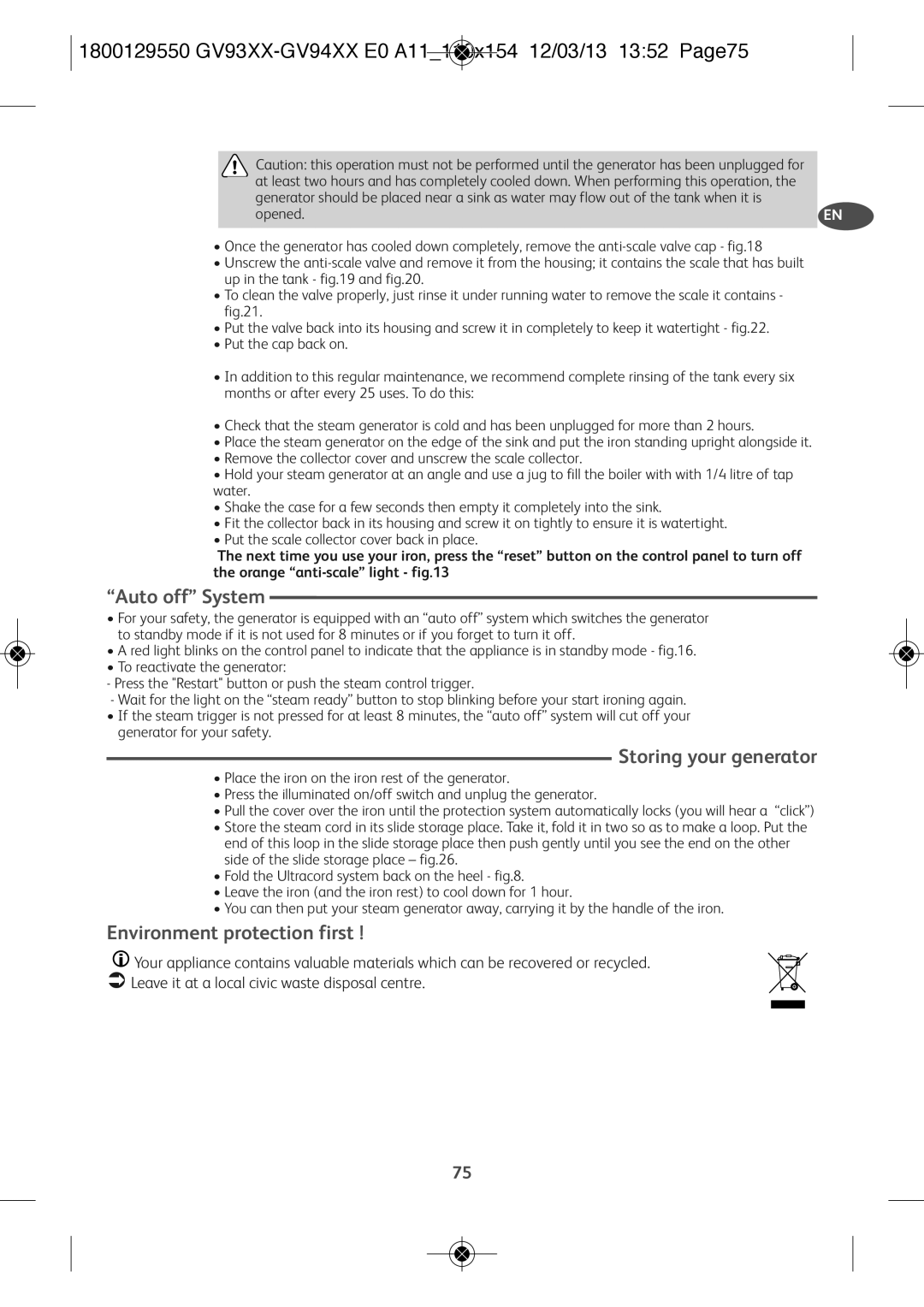 Tefal GV9461C0 manual 1800129550 GV93XX-GV94XX E0 A11110x154 12/03/13 1352 Page75, Auto off System, Storing your generator 