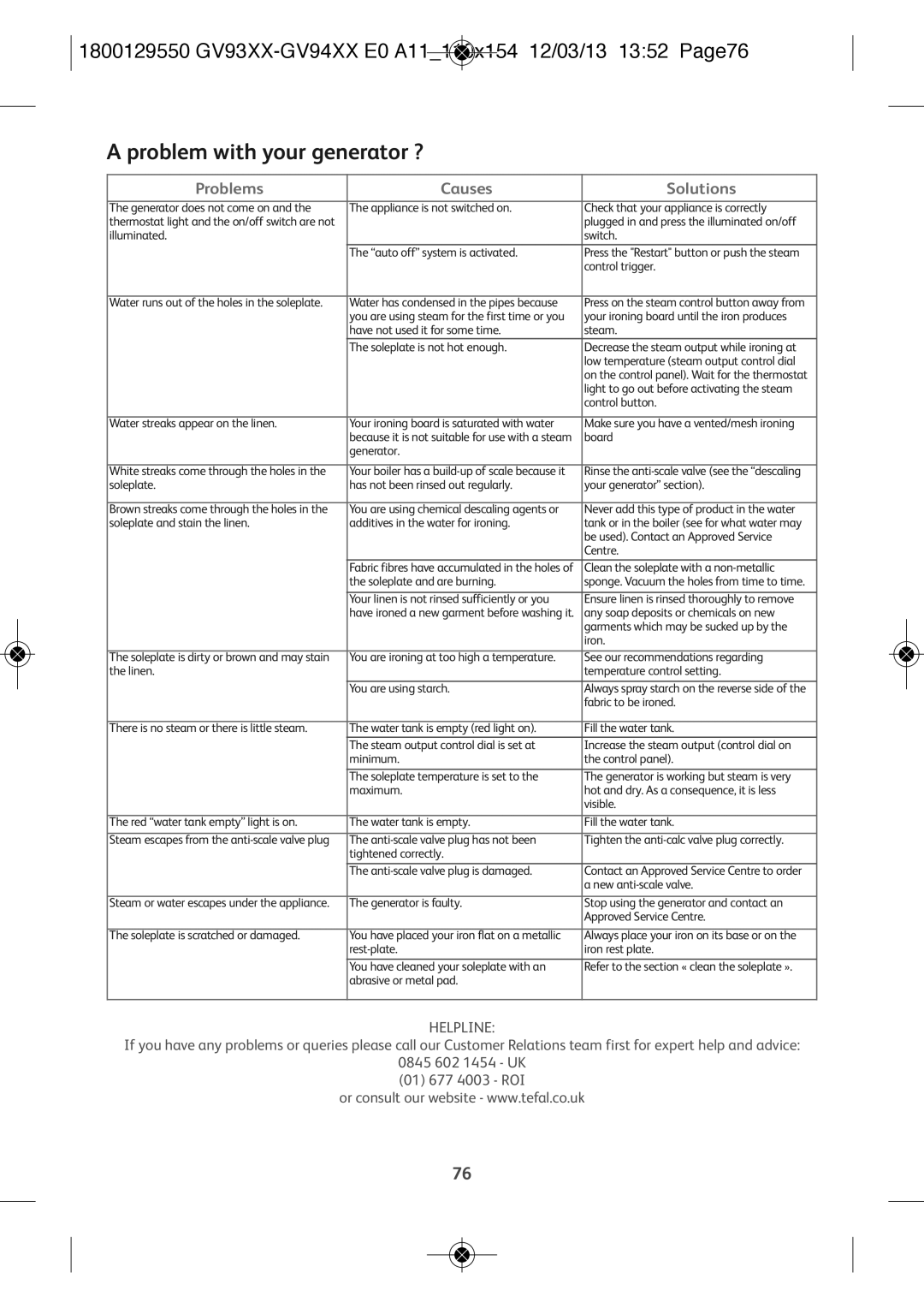 Tefal GV9461G0, GV9461C0 manual Problem with your generator ?, 1800129550 GV93XX-GV94XX E0 A11110x154 12/03/13 1352 Page76 
