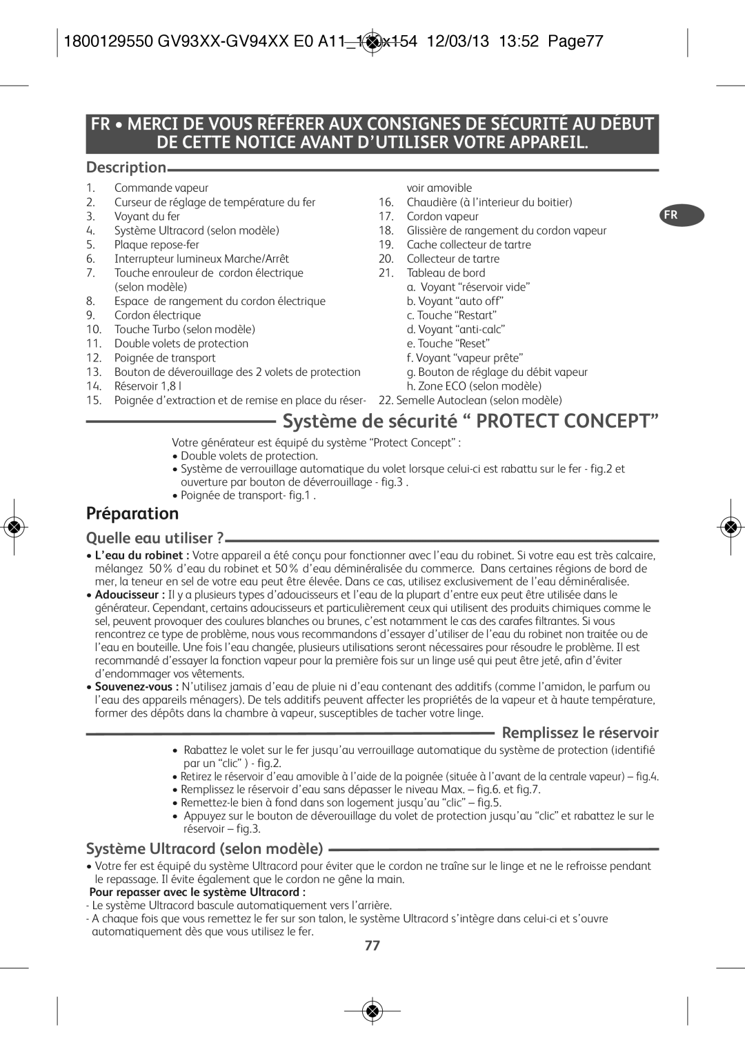 Tefal GV9461E0 manual Système de sécurité Protect Concept SV, Préparation, Quelle eau utiliser ?, Remplissez le réservoir 