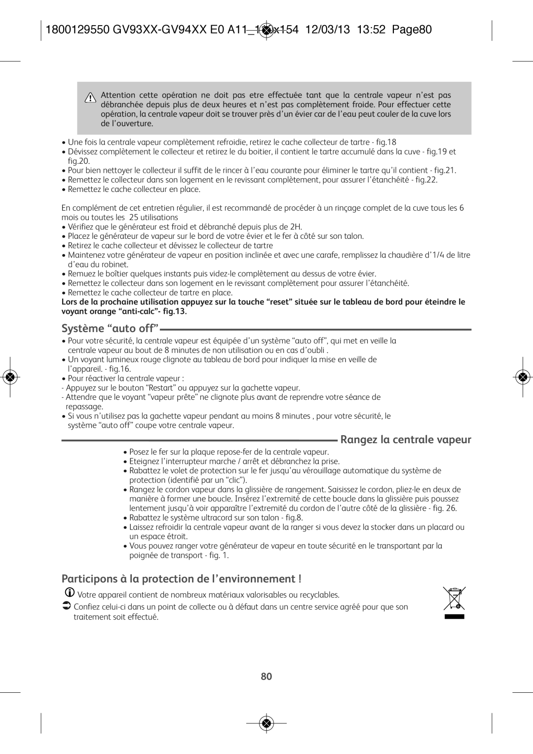 Tefal GV9461E0 1800129550 GV93XX-GV94XX E0 A11110x154 12/03/13 1352 Page80, Système auto off, Rangez la centrale vapeur 
