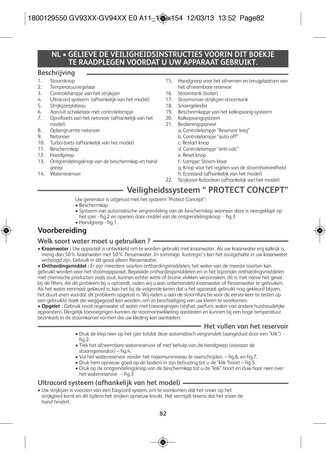 Tefal GV9461G0, GV9461C0, GV9461E0 manual Veiligheidssysteem Protect Concept, Voorbereiding 