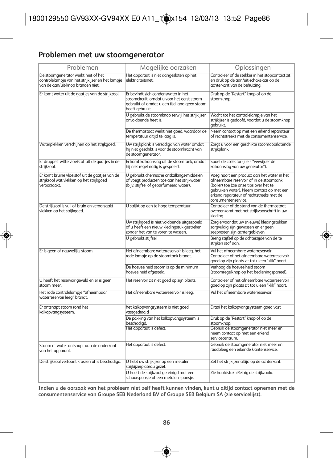 Tefal GV9461E0, GV9461C0 manual Problemen met uw stoomgenerator, 1800129550 GV93XX-GV94XX E0 A11110x154 12/03/13 1352 Page86 
