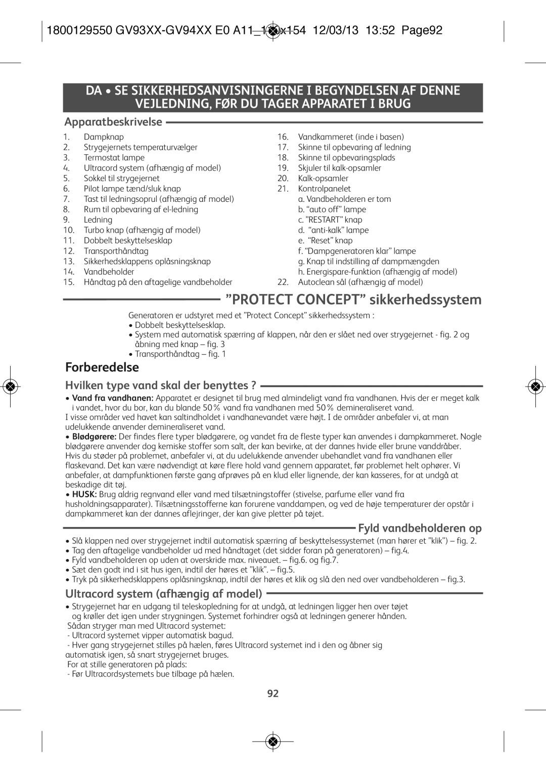 Tefal GV9461E0, GV9461C0, GV9461G0 manual Protect Concept sikkerhedssystem, Forberedelse 