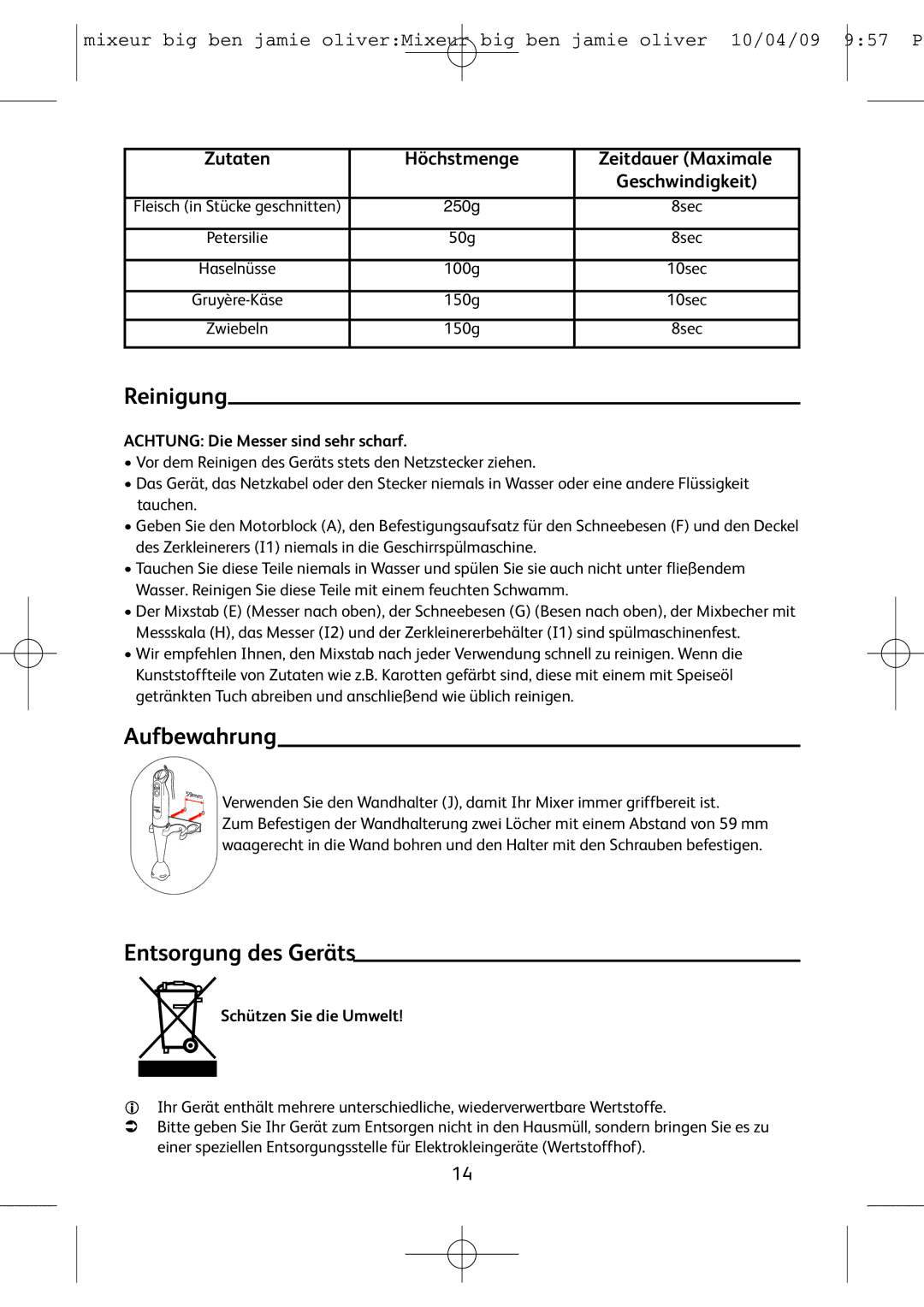 Tefal HB500831, HB401190 manual Reinigung, Aufbewahrung, Entsorgung des Geräts, Höchstmenge Zeitdauer Maximale 