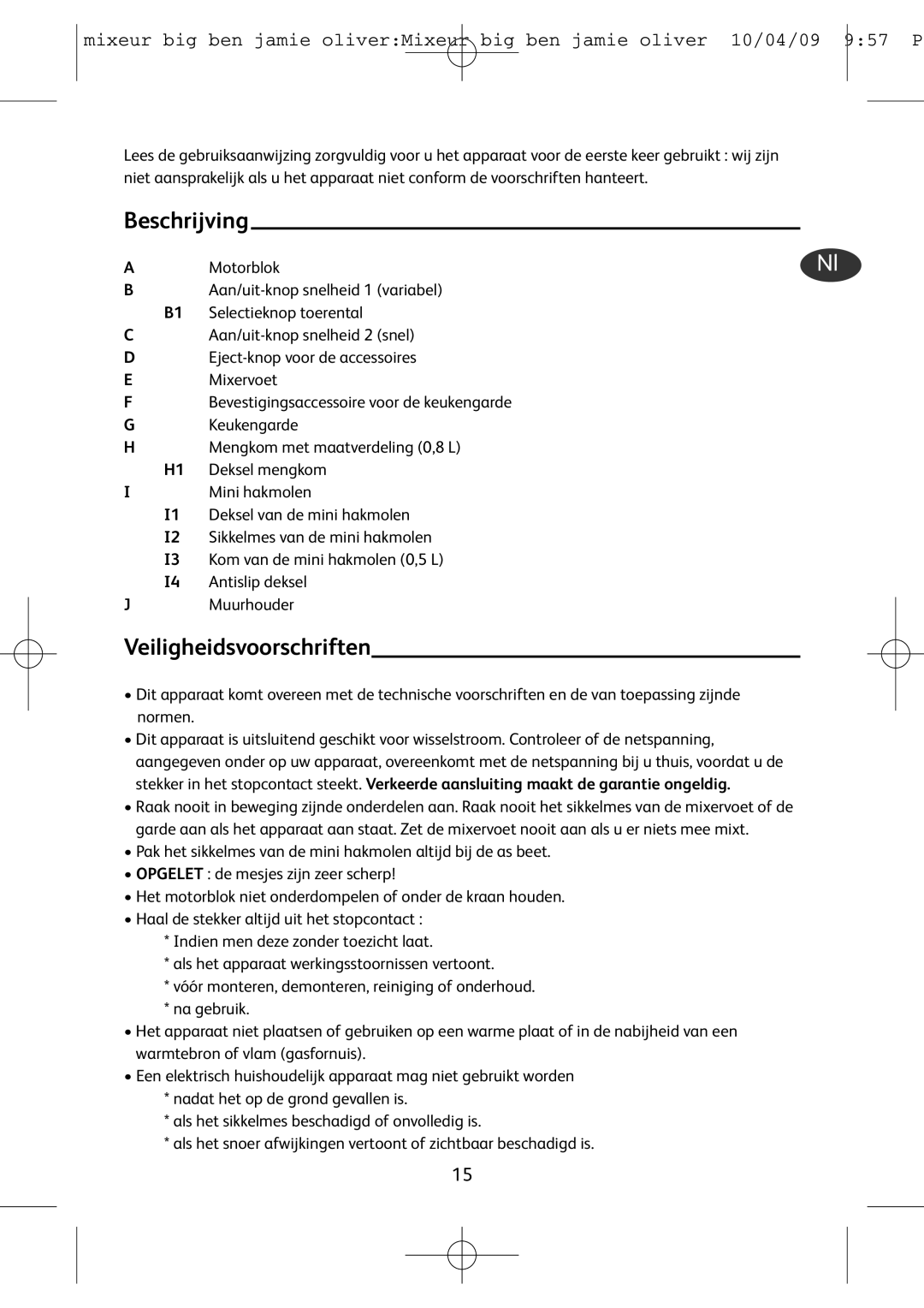 Tefal HB401190, HB500831 manual Beschrijving, Veiligheidsvoorschriften 