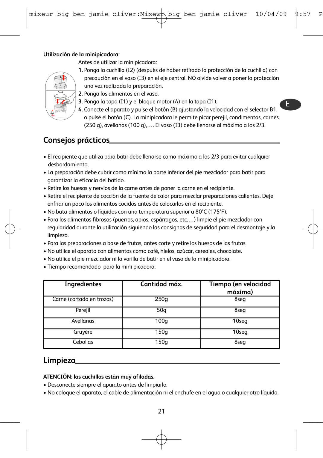 Tefal HB401190, HB500831 manual Consejos prácticos, Limpieza, Ingredientes Cantidad máx, Máxima 