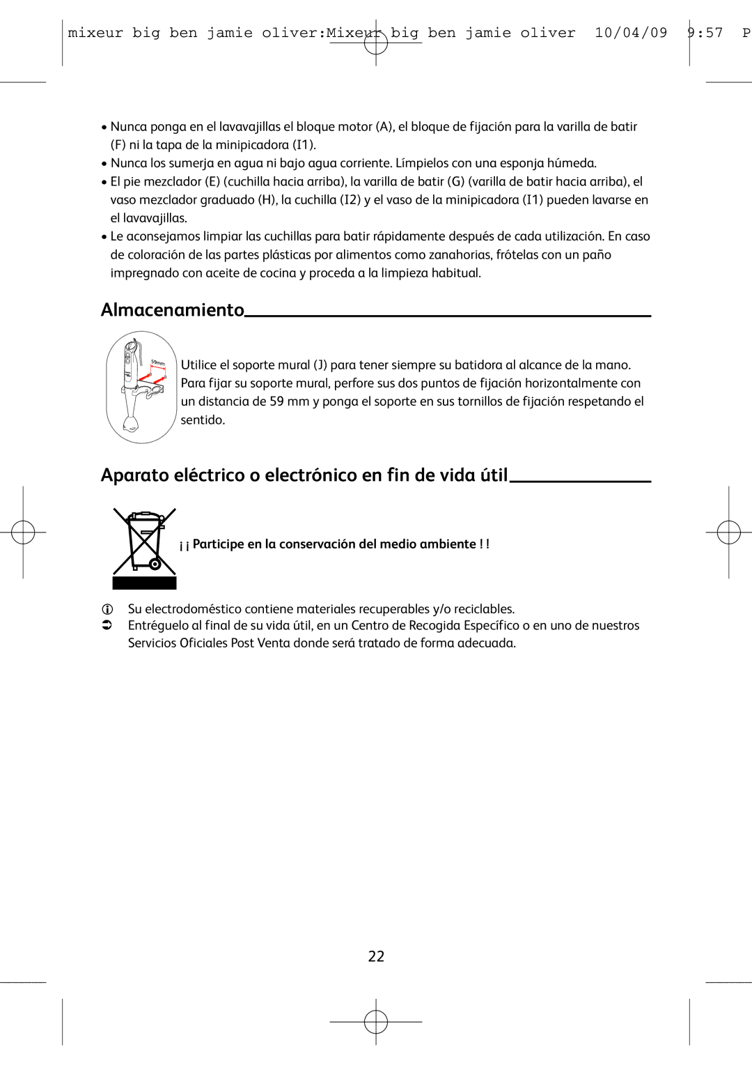 Tefal HB500831, HB401190 manual Almacenamiento, Aparato eléctrico o electrónico en fin de vida útil 