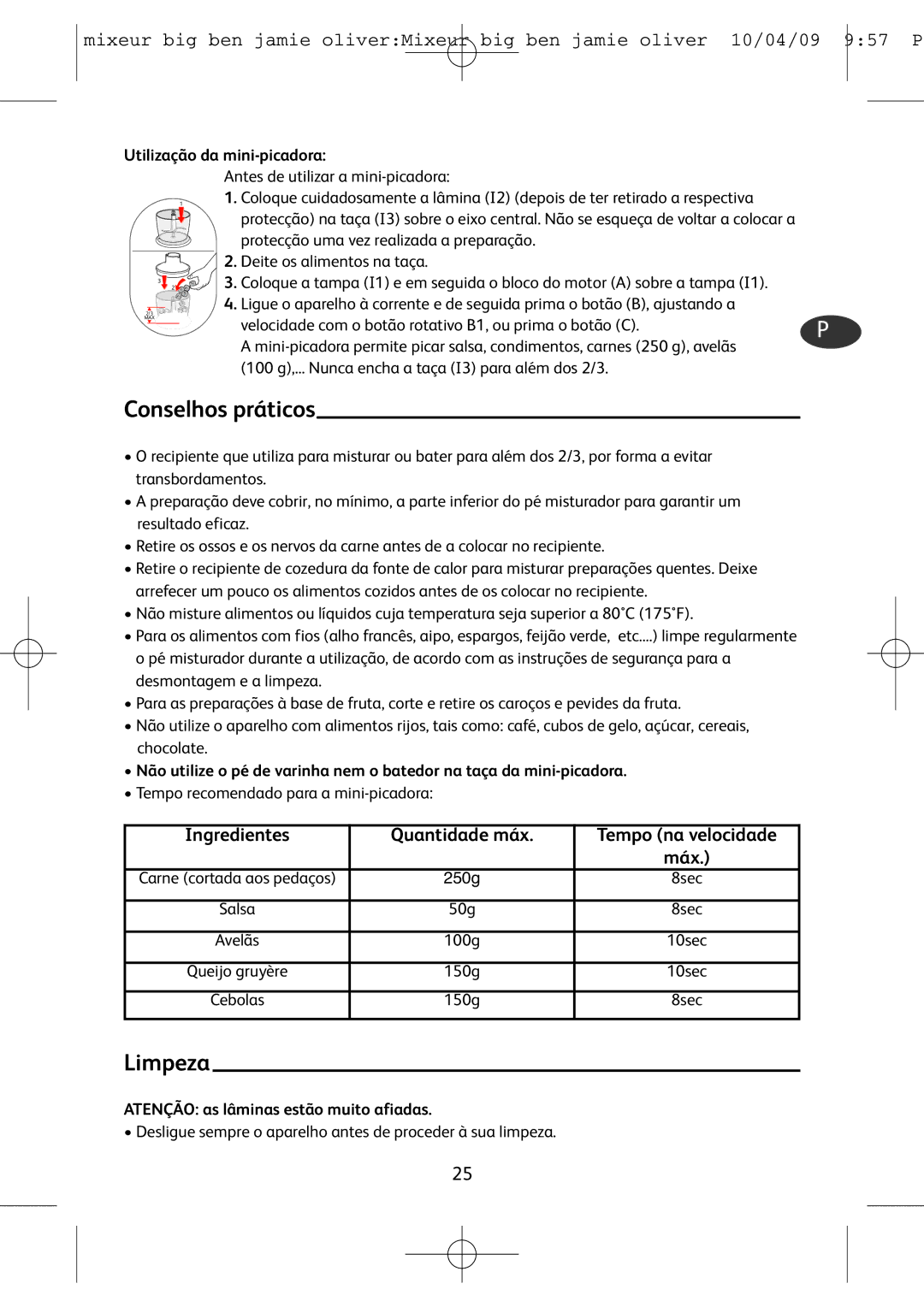 Tefal HB401190, HB500831 manual Conselhos práticos, Limpeza, Ingredientes Quantidade máx, Máx 