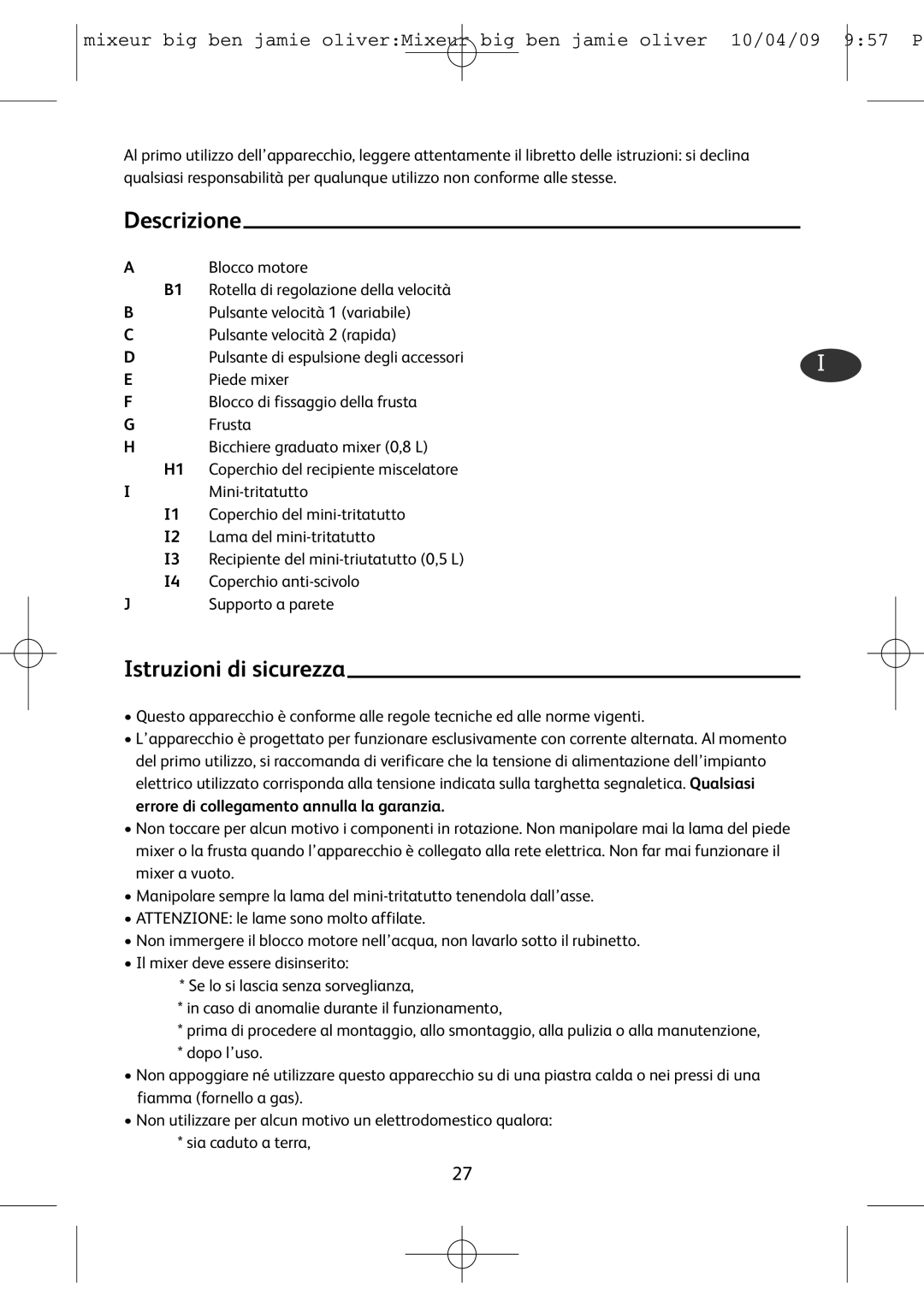 Tefal HB401190, HB500831 manual Descrizione, Istruzioni di sicurezza 