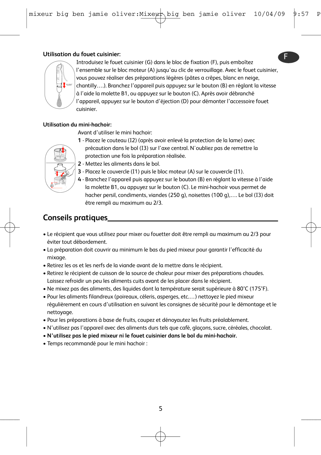 Tefal HB401190, HB500831 manual Conseils pratiques, Utilisation du fouet cuisinierF, Utilisation du mini-hachoir 