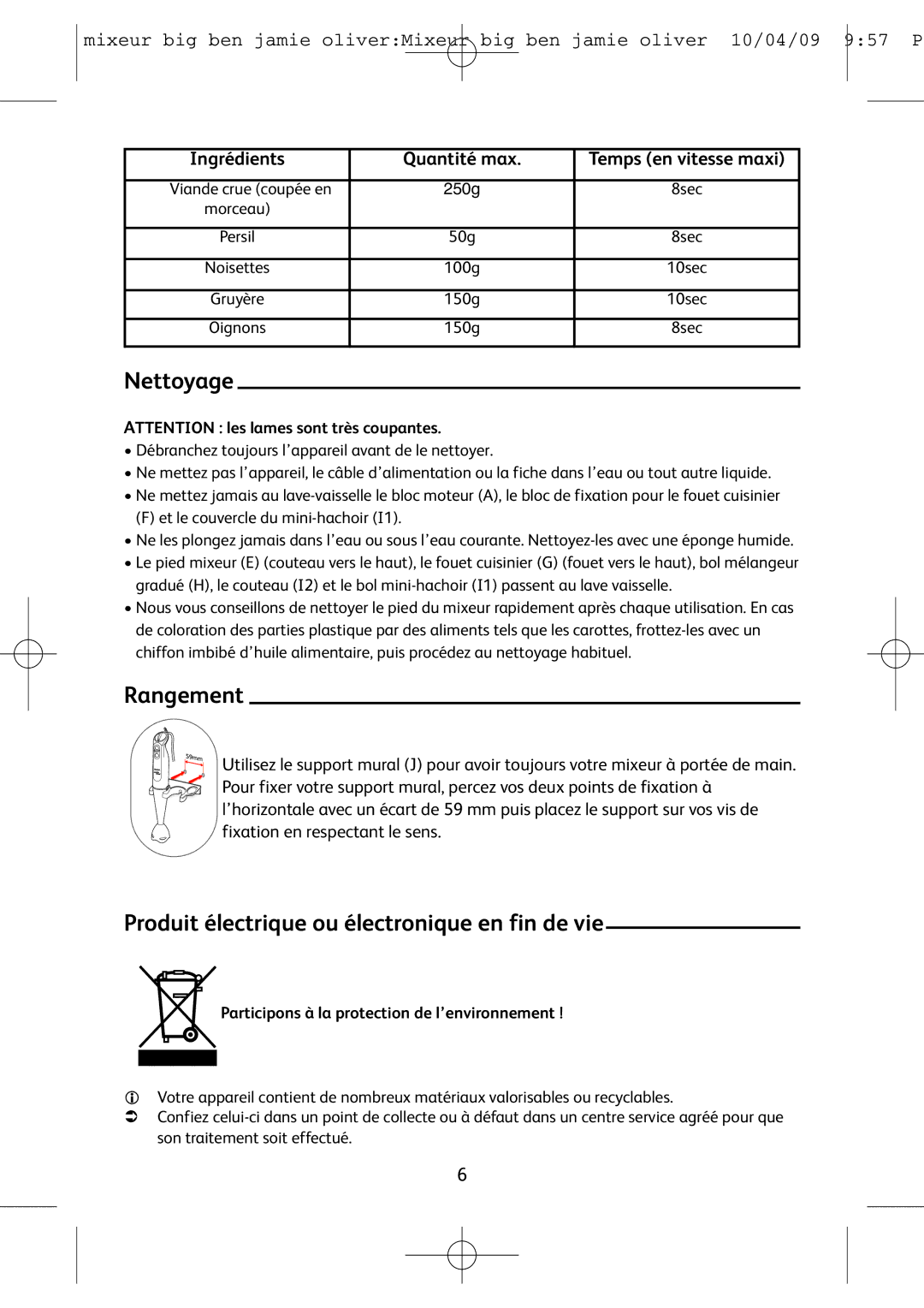 Tefal HB500831, HB401190 manual Nettoyage, Rangement, Produit électrique ou électronique en fin de vie 