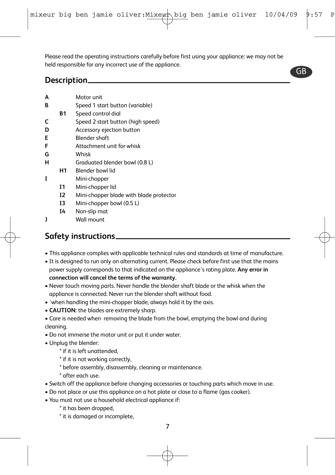 Tefal HB401190, HB500831 manual Description, Safety instructions 