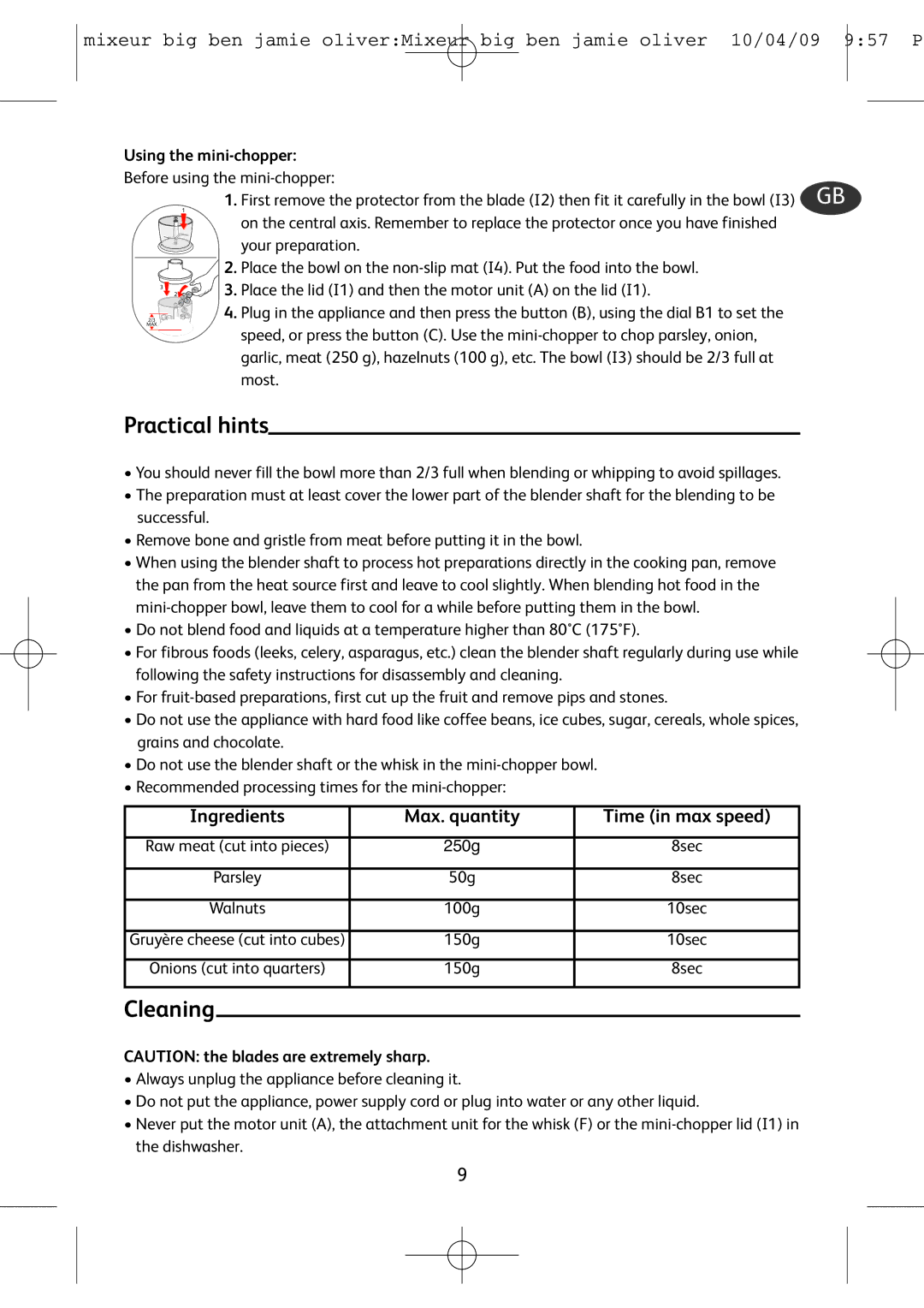 Tefal HB401190, HB500831 manual Practical hints, Cleaning, Ingredients Max. quantity, Using the mini-chopper 