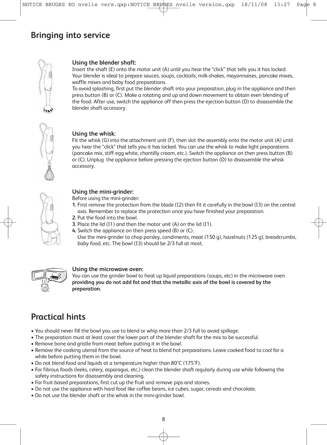 Tefal HB701188, HB701141, HB701113 manual Bringing into service, Practical hints 