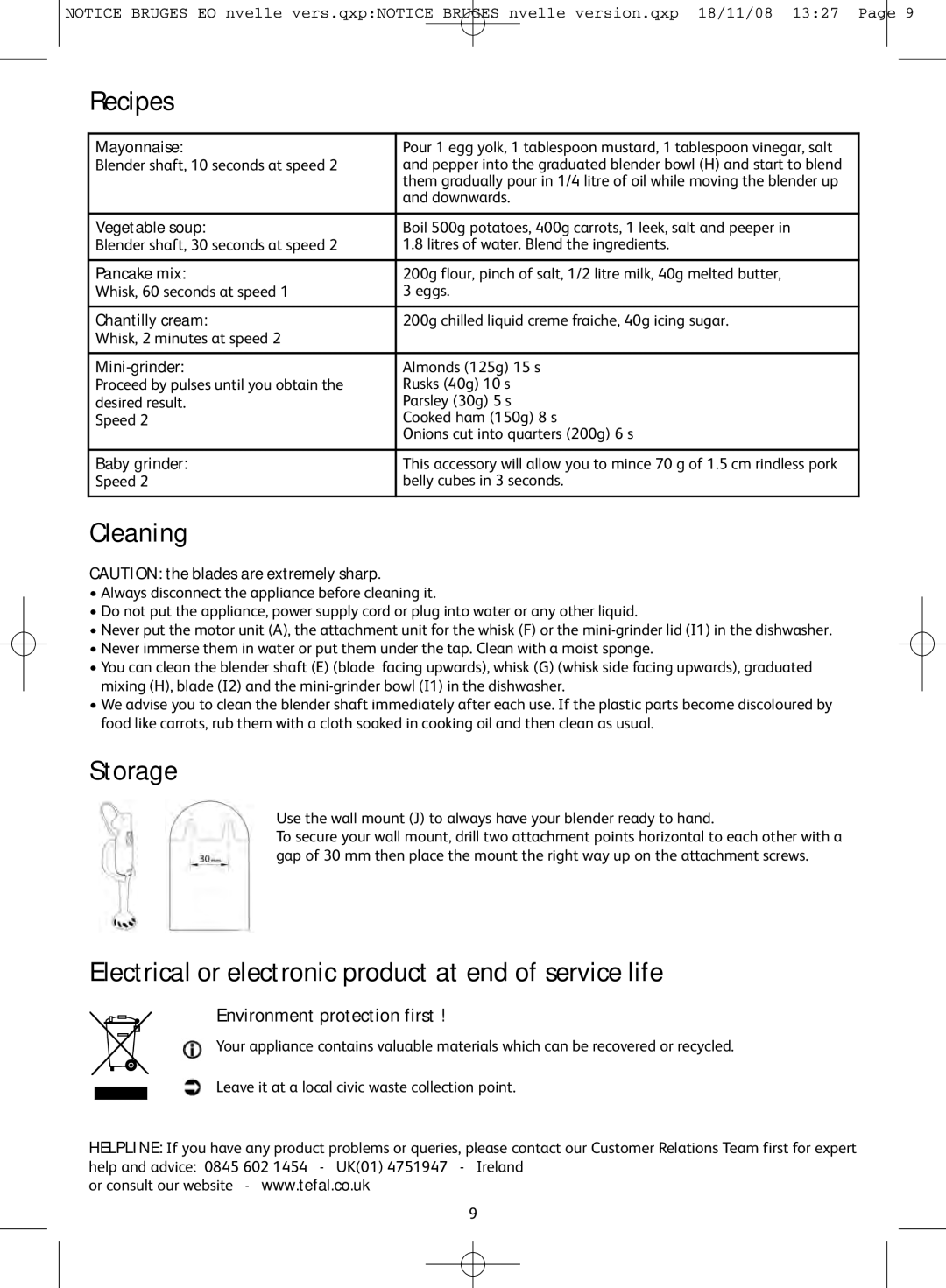 Tefal HB701113, HB701141, HB701188 manual Recipes, Cleaning, Storage, Electrical or electronic product at end of service life 