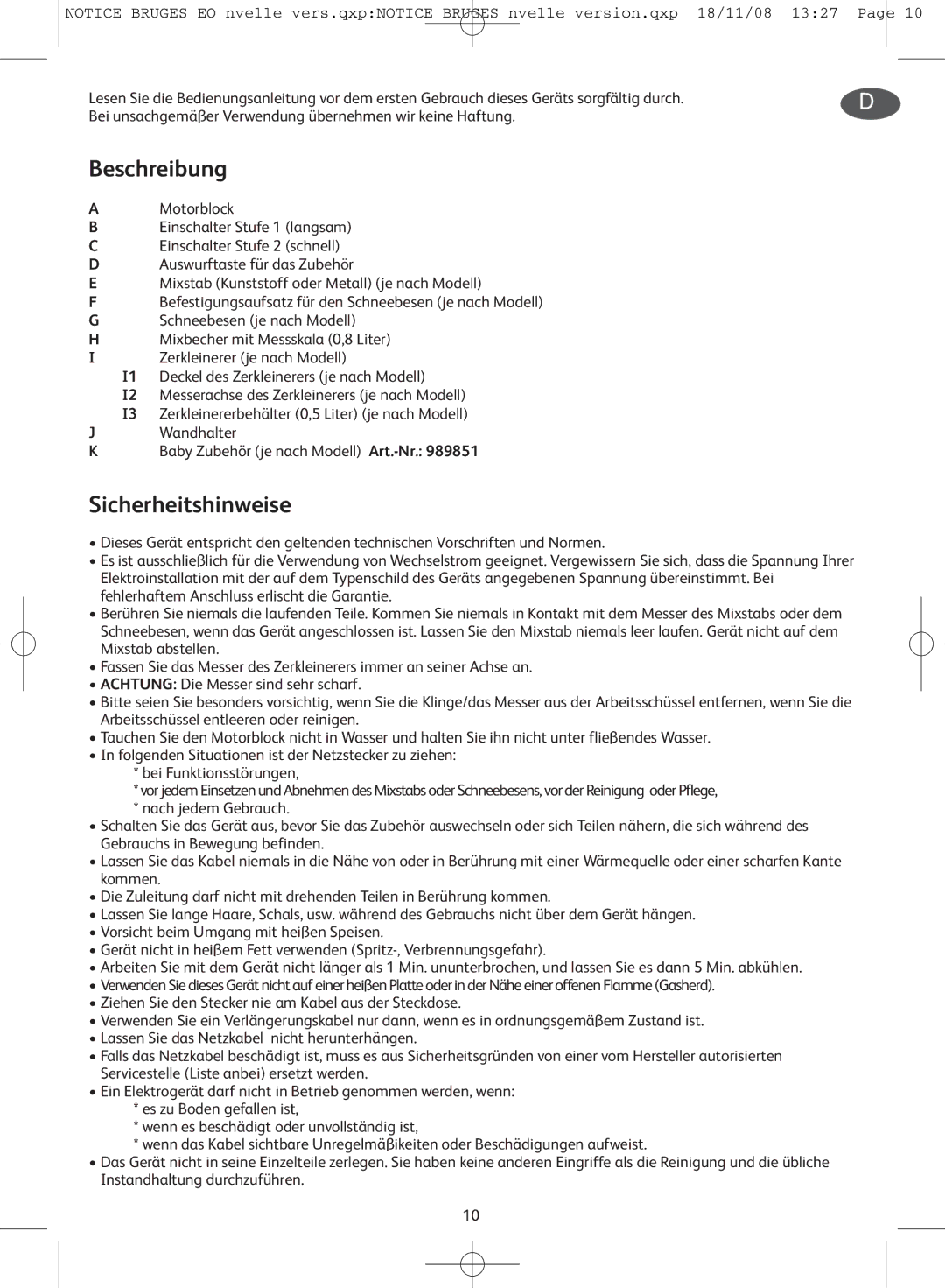 Tefal HB701141, HB701188, HB701113 manual Beschreibung, Sicherheitshinweise 