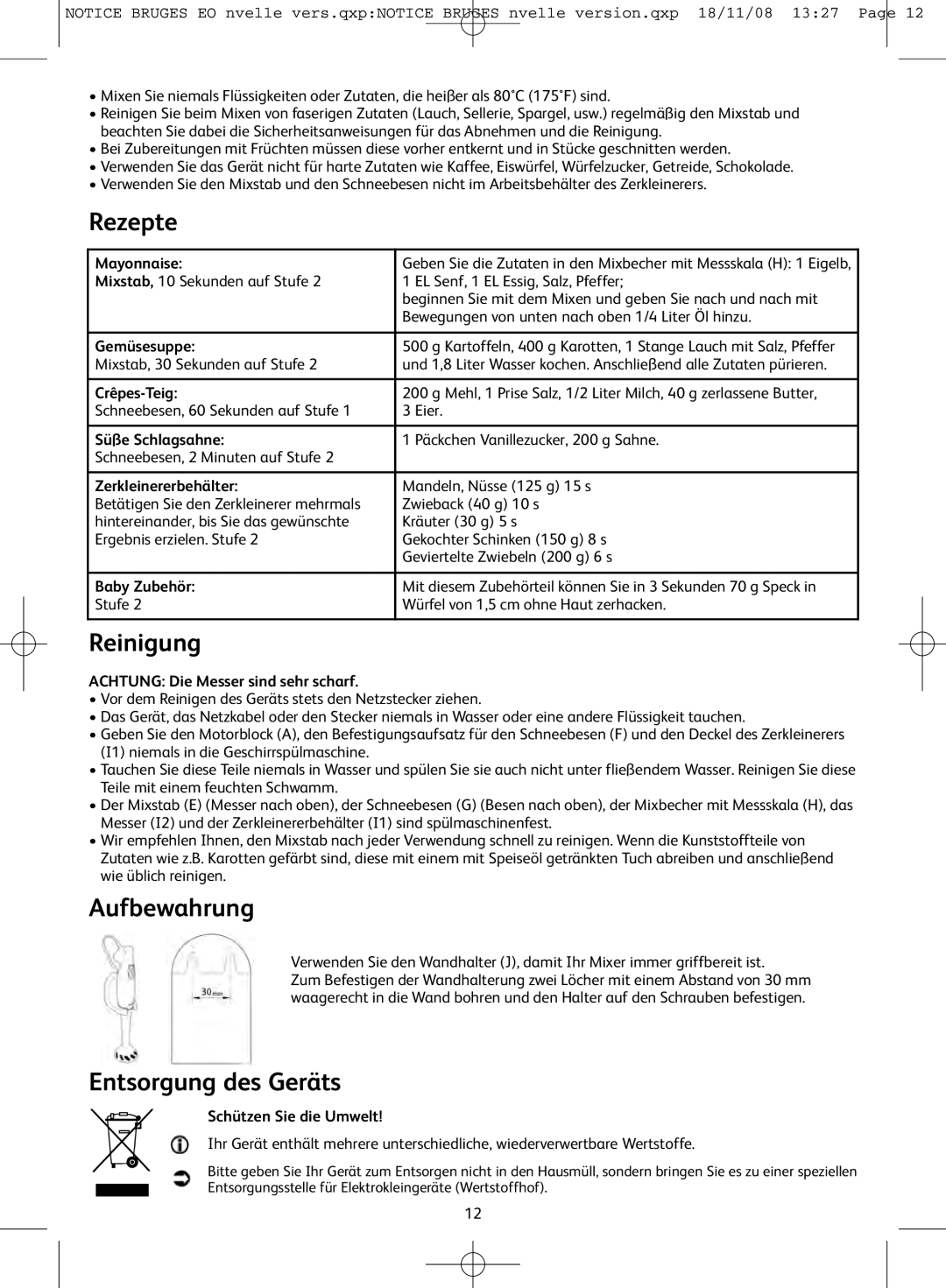 Tefal HB701113, HB701141, HB701188 manual Rezepte, Reinigung, Aufbewahrung, Entsorgung des Geräts 