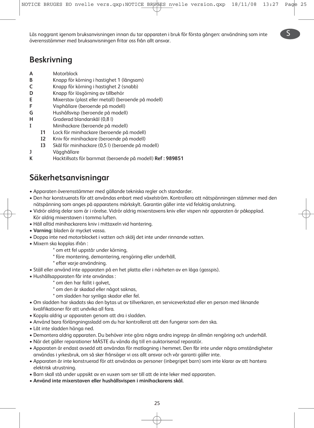 Tefal HB701141, HB701188, HB701113 manual Beskrivning, Säkerhetsanvisningar 