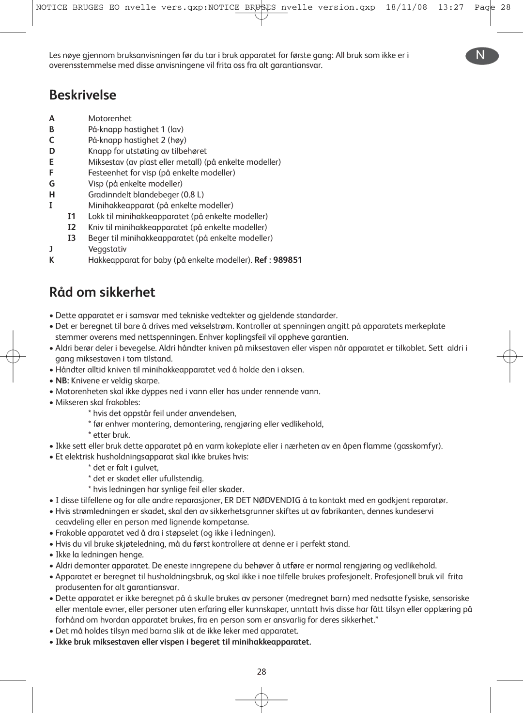 Tefal HB701141, HB701188, HB701113 manual Beskrivelse, Råd om sikkerhet 