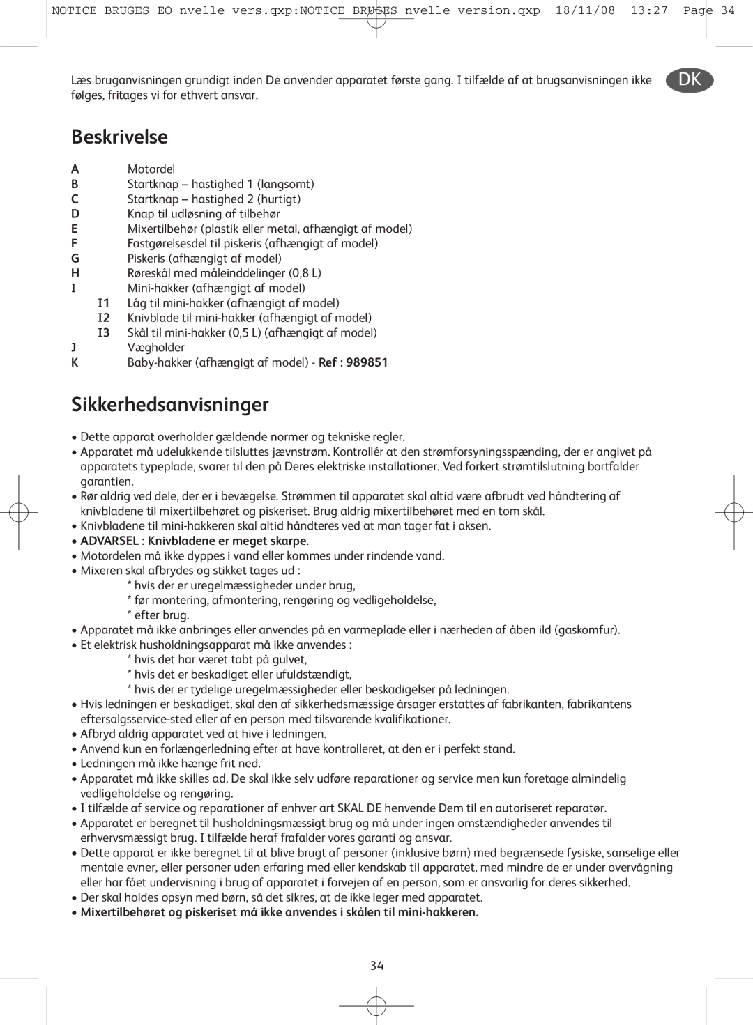 Tefal HB701141, HB701188, HB701113 manual Beskrivelse, Sikkerhedsanvisninger 