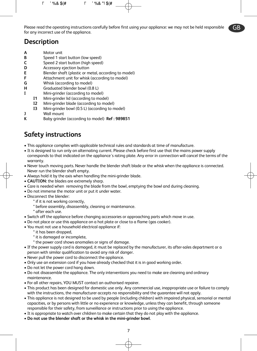 Tefal HB701141, HB701188, HB701113 manual Description, Safety instructions 