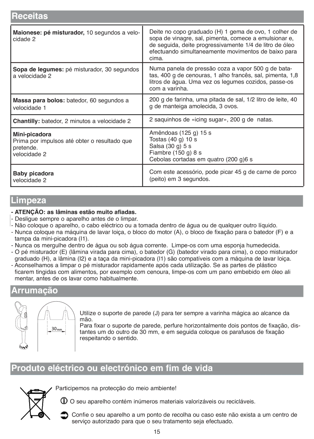 Tefal HB703163, HB713180, HB711115, HB713131 Receitas, Limpeza, Arrumação, Produto eléctrico ou electrónico em fim de vida 