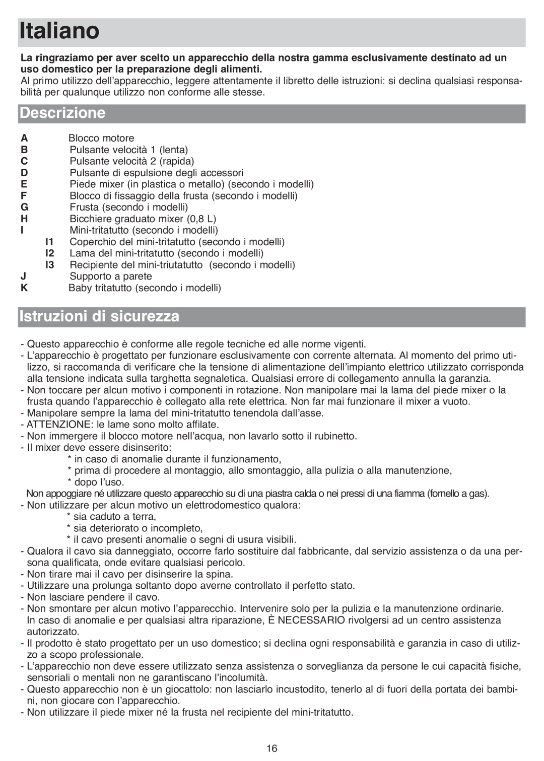 Tefal HB713131, HB713180, HB711115, HB703163, HB703150, HB713161, HB713142 manual Italiano, Descrizione, Istruzioni di sicurezza 