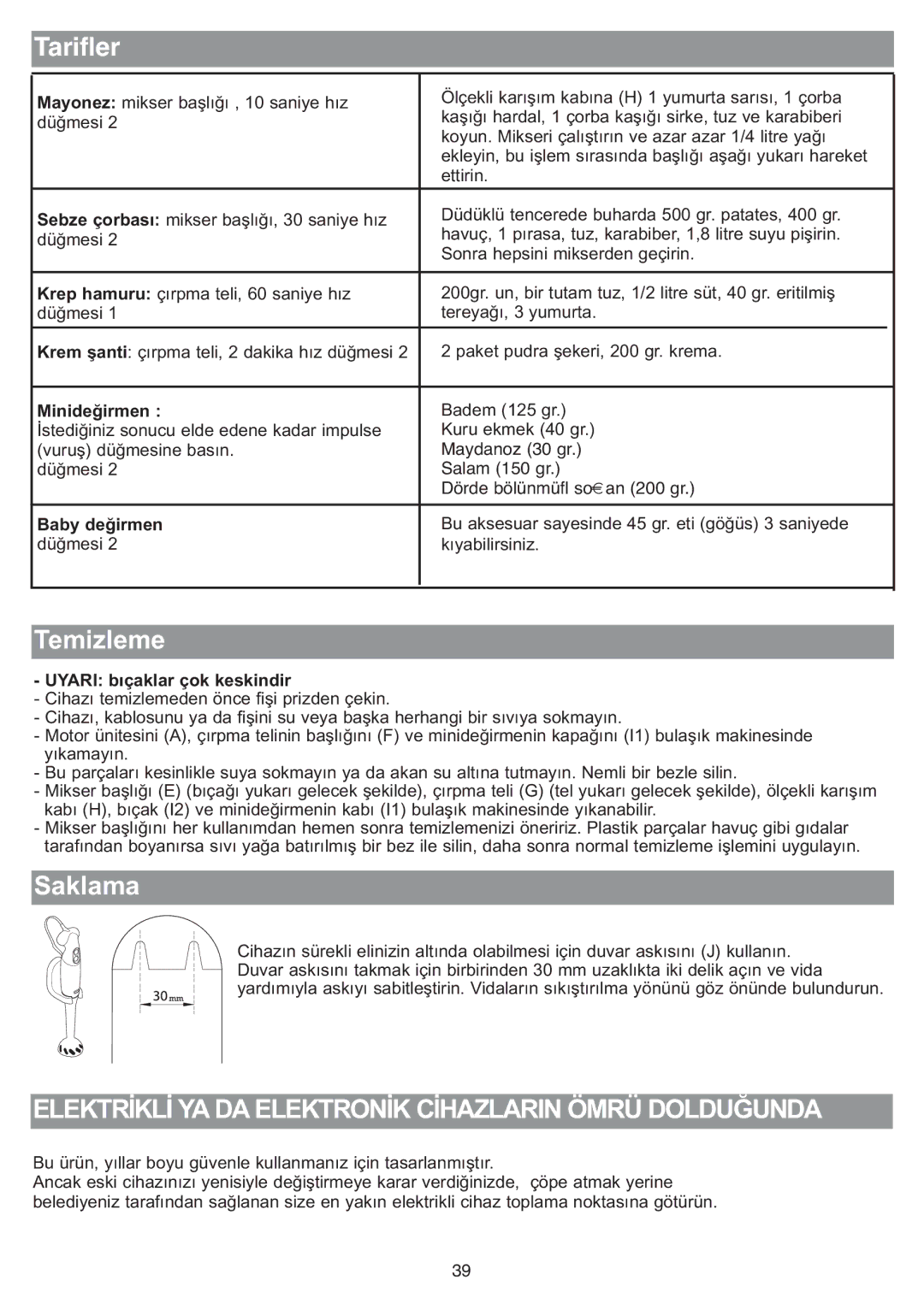 Tefal HB703163, HB713180, HB711115, HB713131, HB703150, HB713161, HB713142, HB713141 manual Tarifler, Minideğirmen 