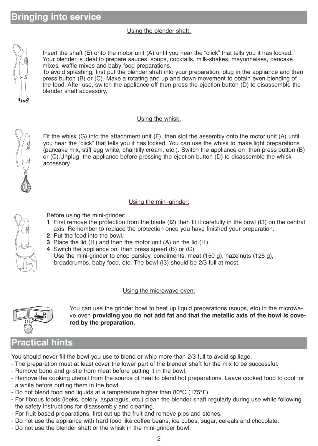 Tefal HB713161, HB713180, HB711115, HB703163, HB713131, HB703150, HB713142, HB713141 manual Bringing into service, Practical hints 