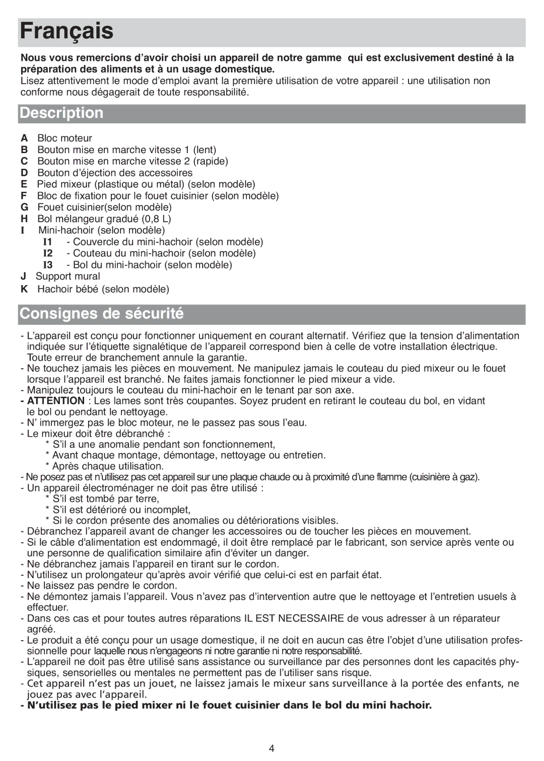 Tefal HB713141, HB713180, HB711115, HB703163, HB713131, HB703150, HB713161, HB713142 manual Français, Description 