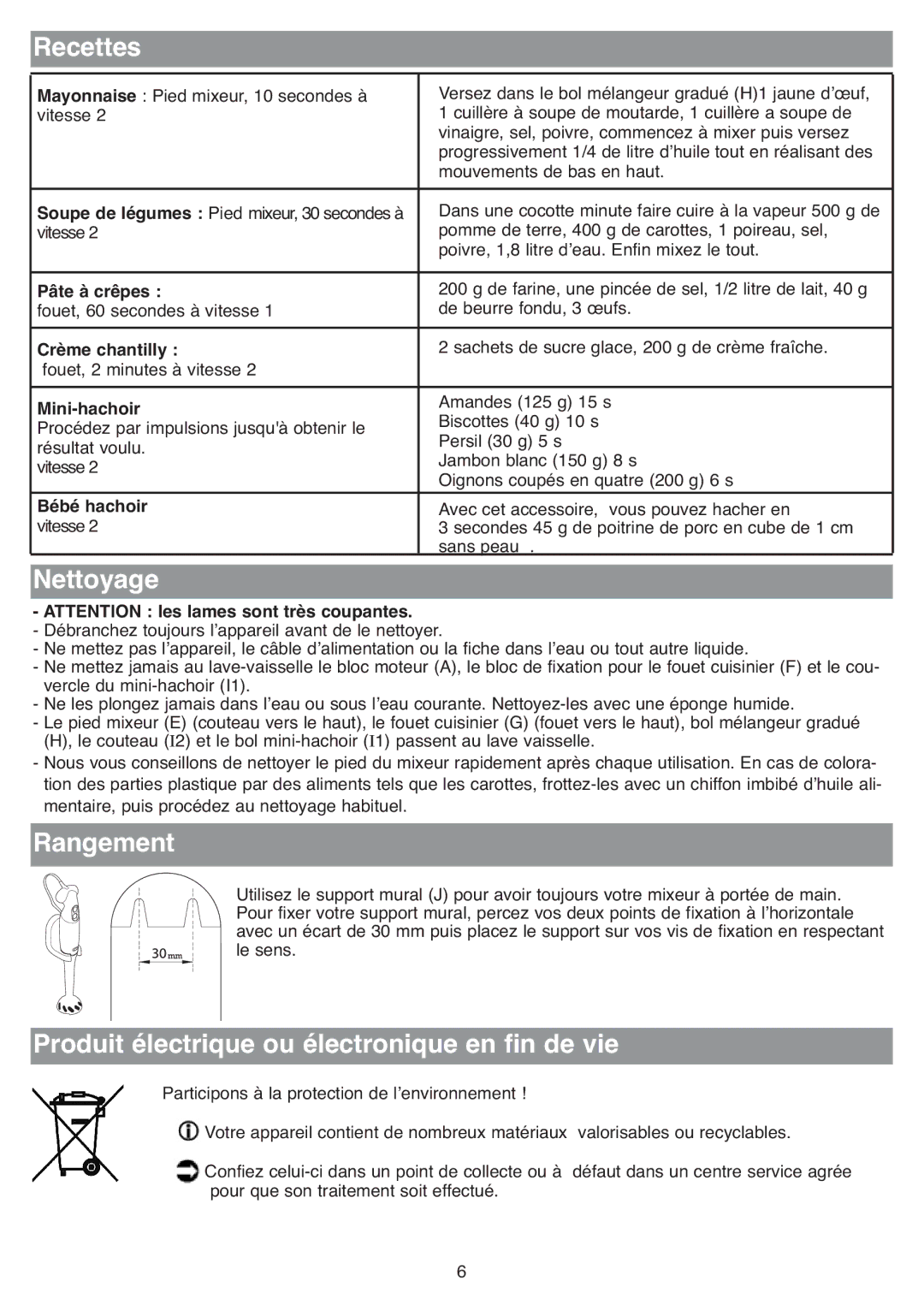 Tefal HB711115, HB713180, HB703163 manual Recettes, Nettoyage, Rangement, Produit électrique ou électronique en fin de vie 