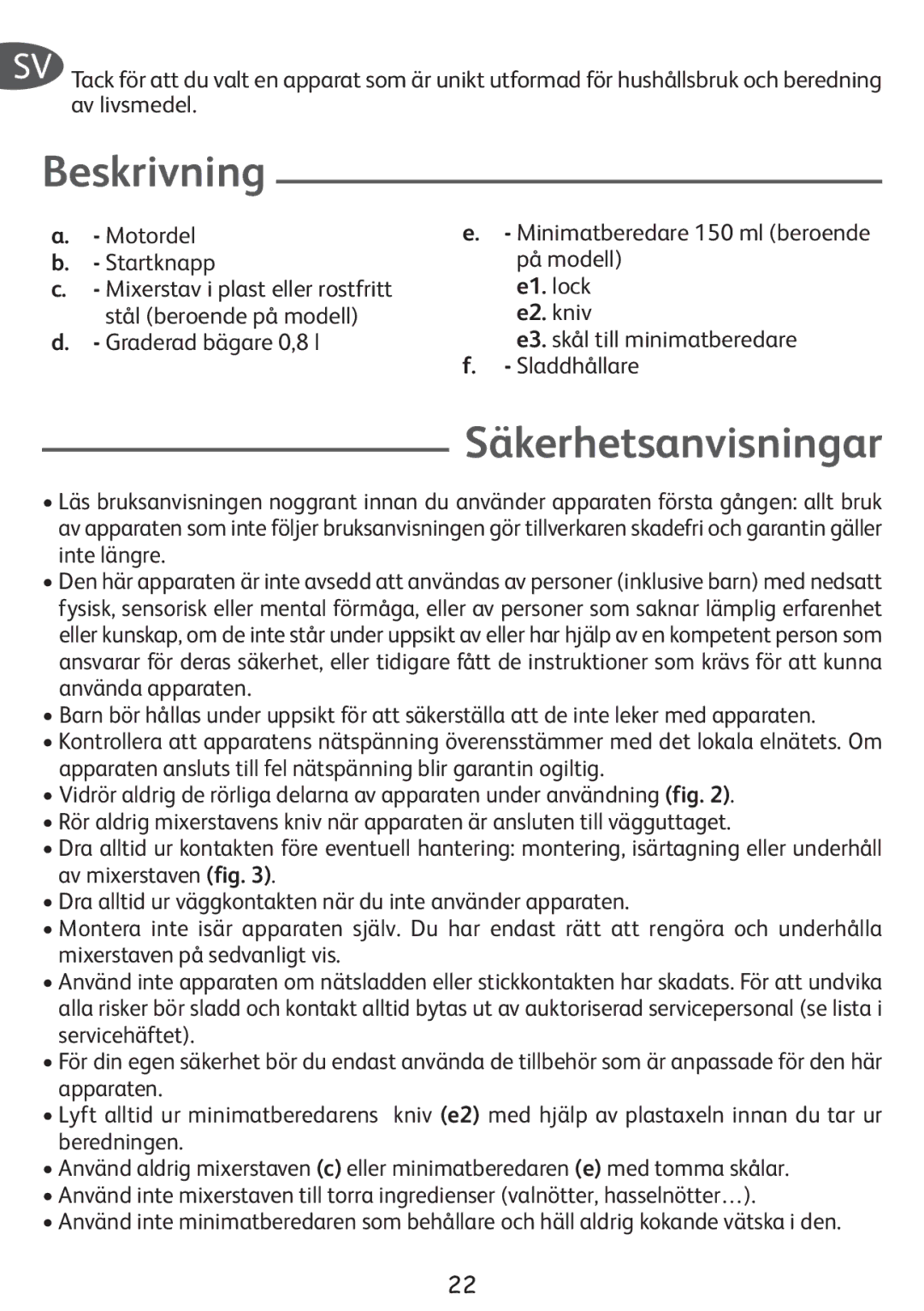 Tefal HB853866, HB407143, HB300141 manual Beskrivning, Säkerhetsanvisningar 