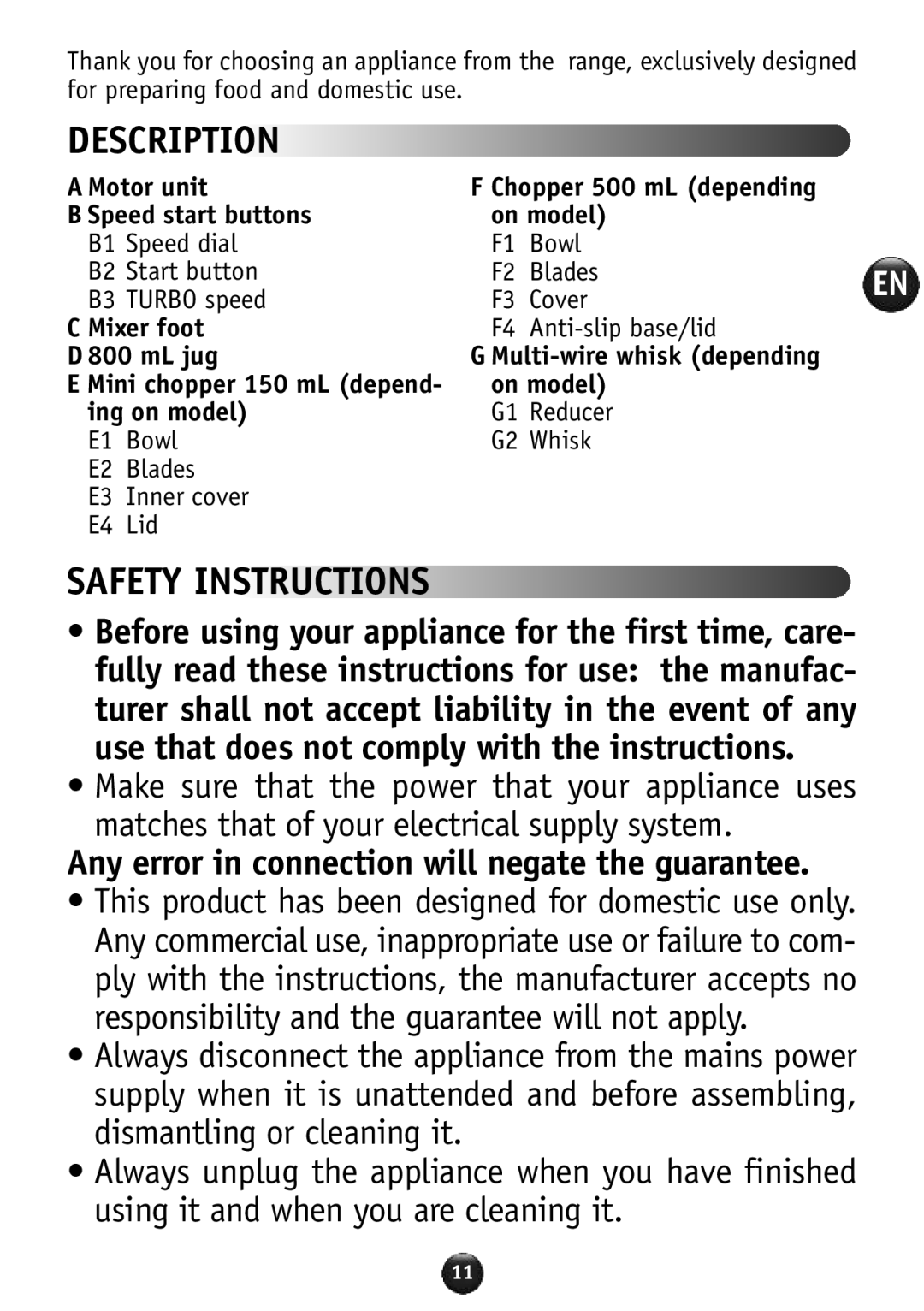 Tefal HB856A40 manual Safety Instructions, Any error in connection will negate the guarantee, Mixer foot 