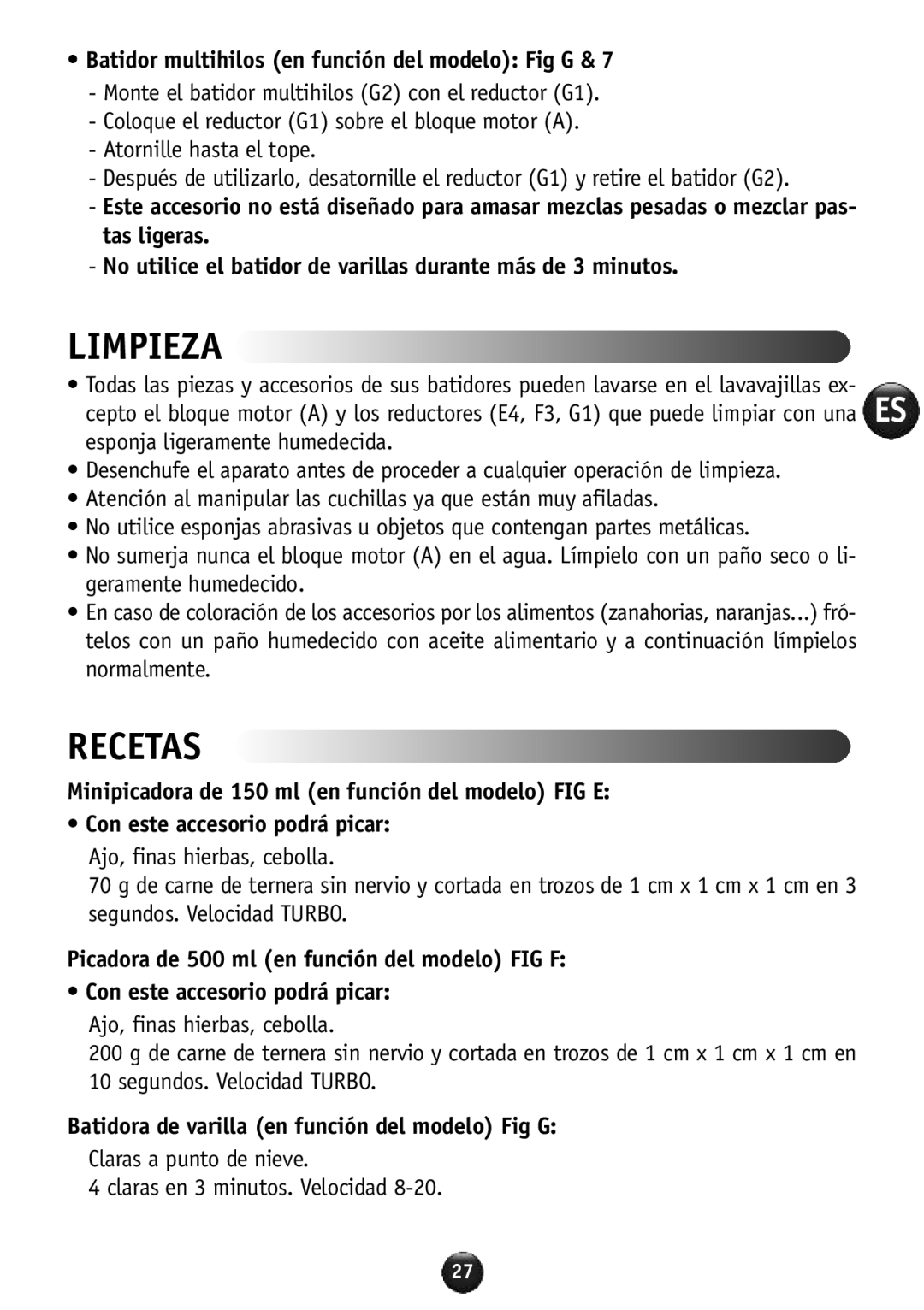 Tefal HB856A40 manual Limpieza, Recetas, Batidor multihilos en función del modelo Fig G 