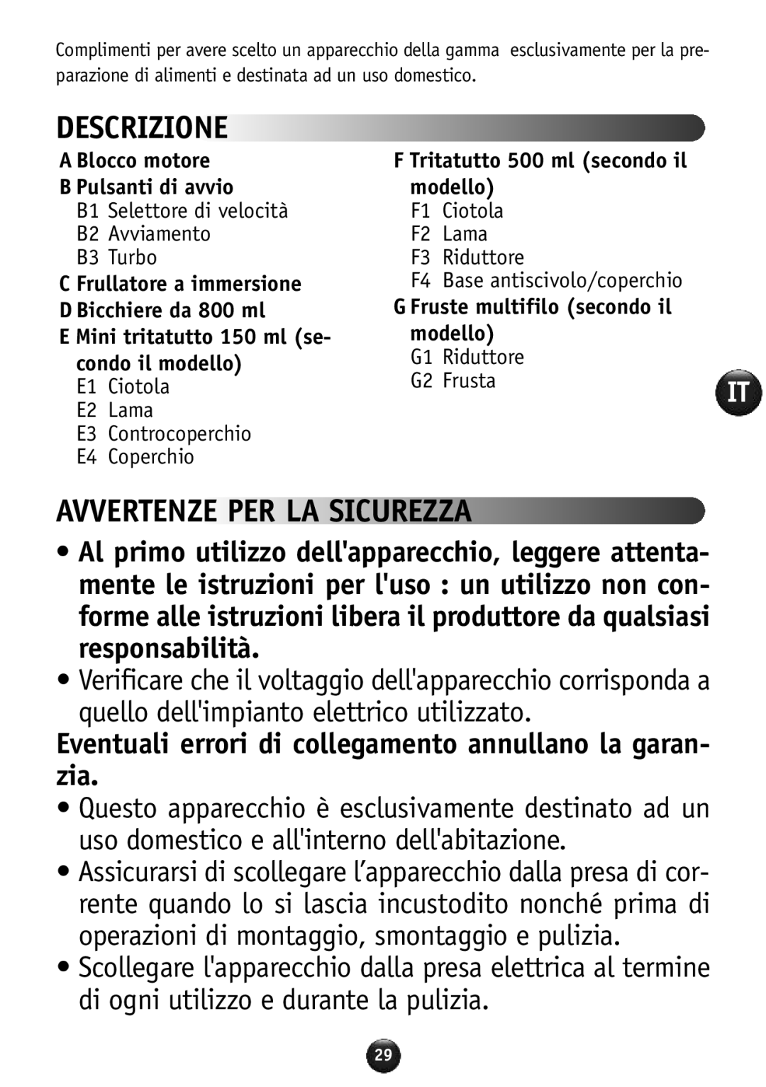 Tefal HB856A40 manual Descrizione, Avvertenze PER LA Sicurezza, Eventuali errori di collegamento annullano la garan- zia 