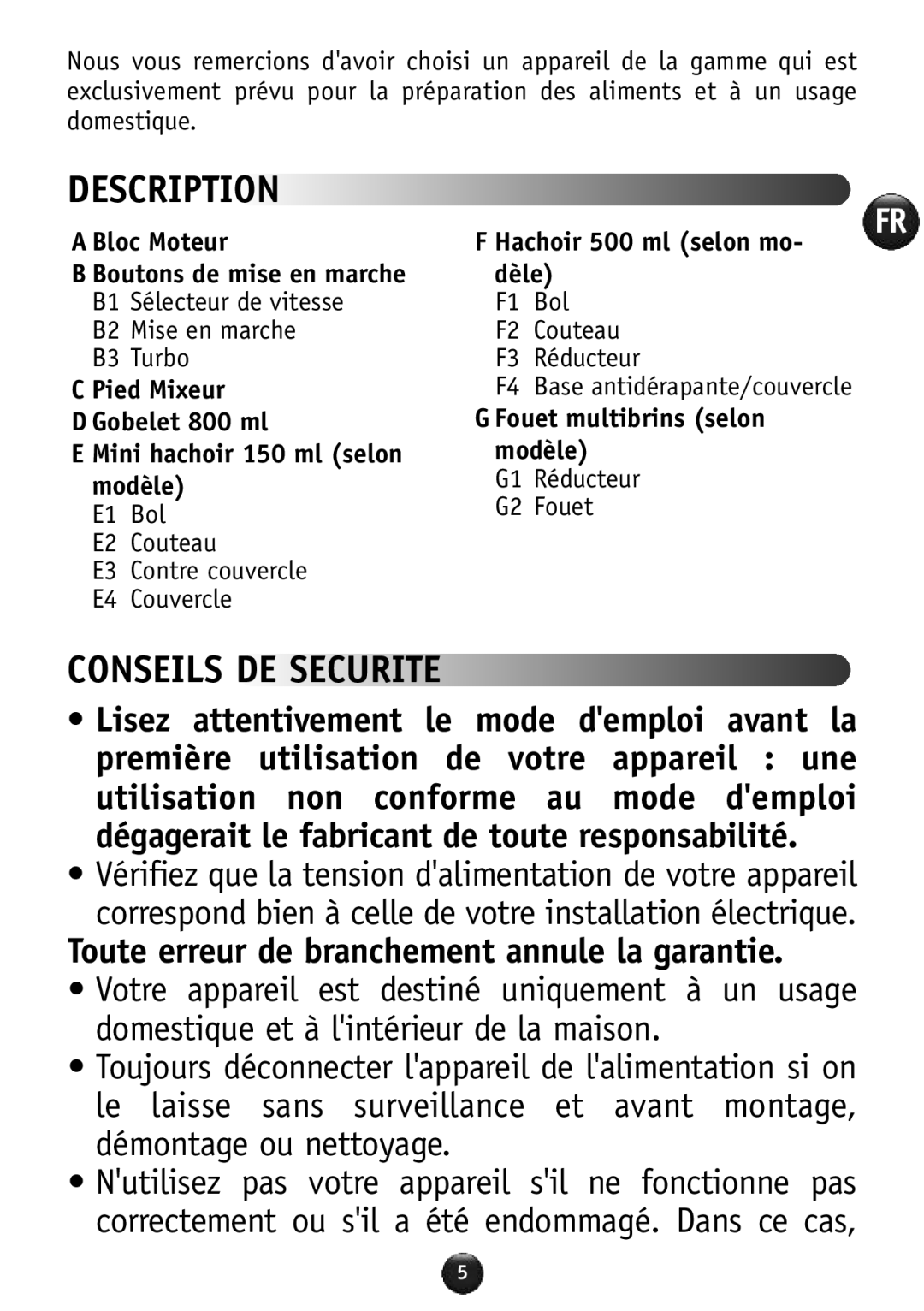 Tefal HB856A40 manual Description, Conseils DE Securite, Toute erreur de branchement annule la garantie 