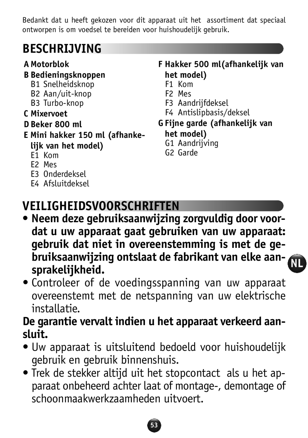 Tefal HB856A40 manual Beschrijving, Veiligheidsvoorschriften, Hakker 500 mlafhankelijk van het model 