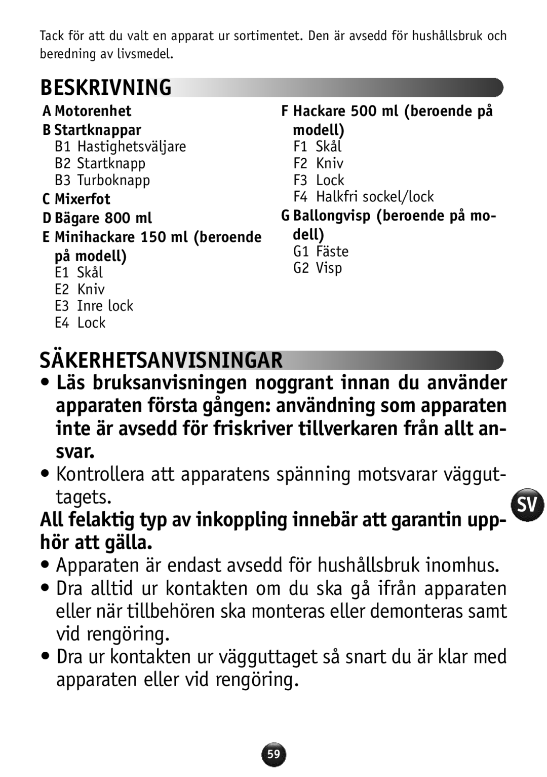 Tefal HB856A40 manual Beskrivning, Säkerhetsanvisningar, Motorenhet Startknappar, Hackare 500 ml beroende på modell 