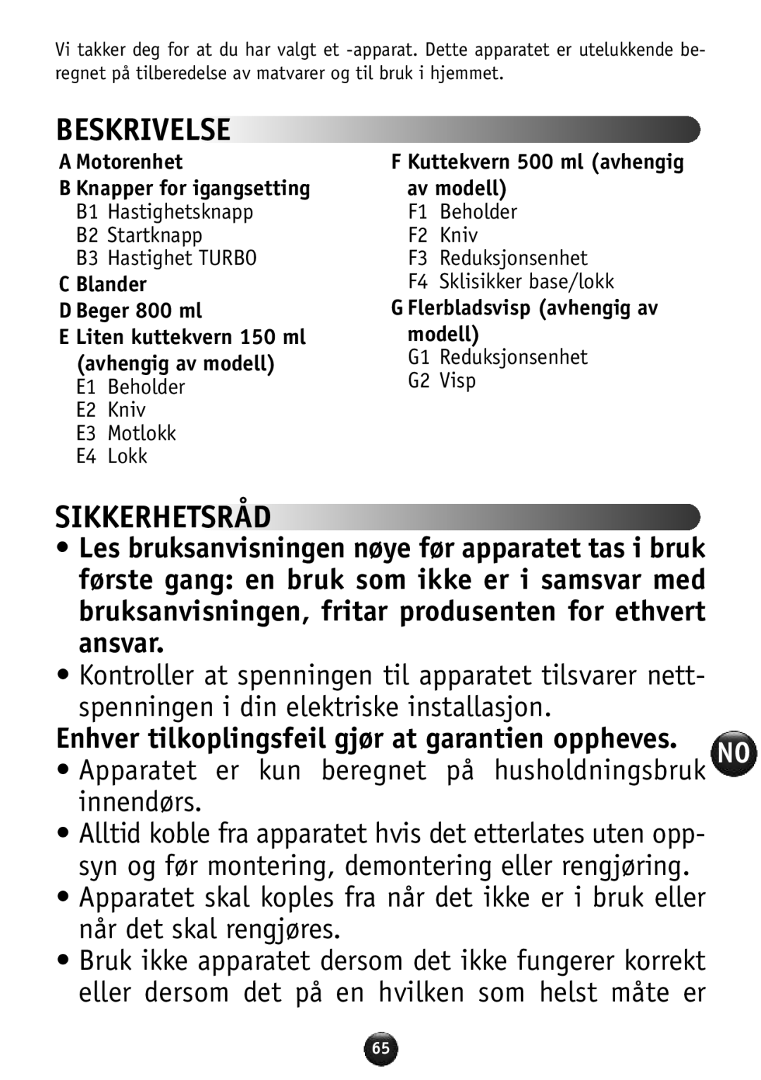 Tefal HB856A40 manual Beskrivelse, Sikkerhetsråd, Enhver tilkoplingsfeil gjør at garantien oppheves. no 