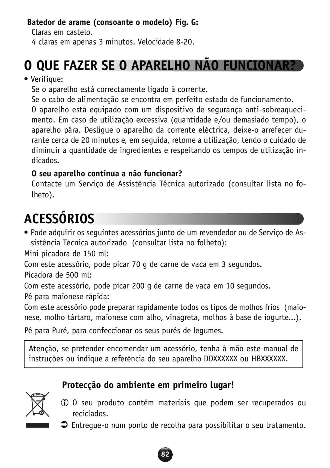 Tefal HB856A40 manual Acessórios, Protecção do ambiente em primeiro lugar, Batedor de arame consoante o modelo Fig. G 