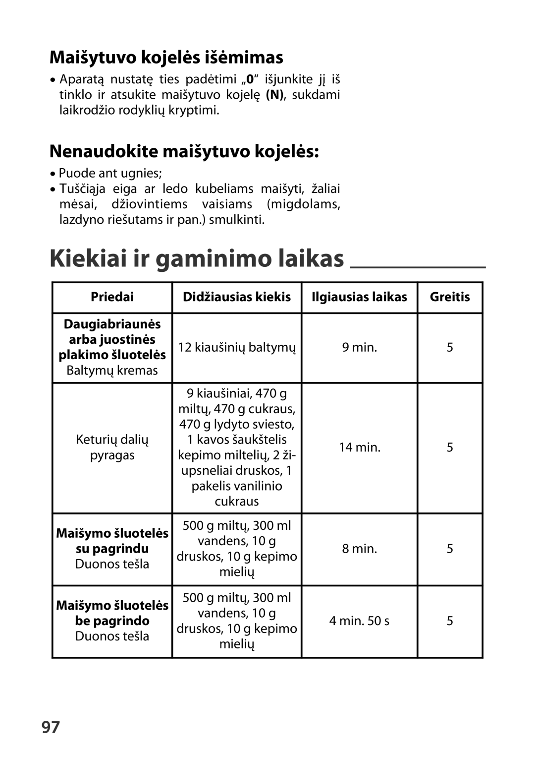 Tefal HT41313E manual Kiekiai ir gaminimo laikas, Maišytuvo kojelės išėmimas, Nenaudokite maišytuvo kojelės 